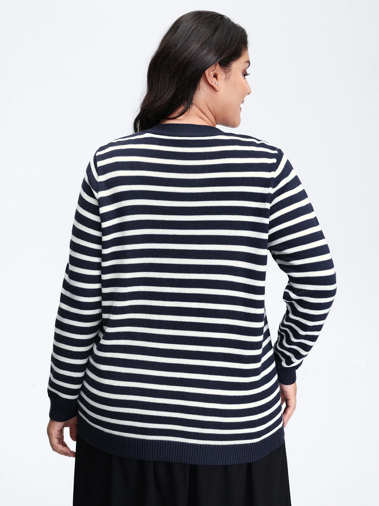 Wool-Blend Stripe Button Pockets Knit Cardigan - Image 4