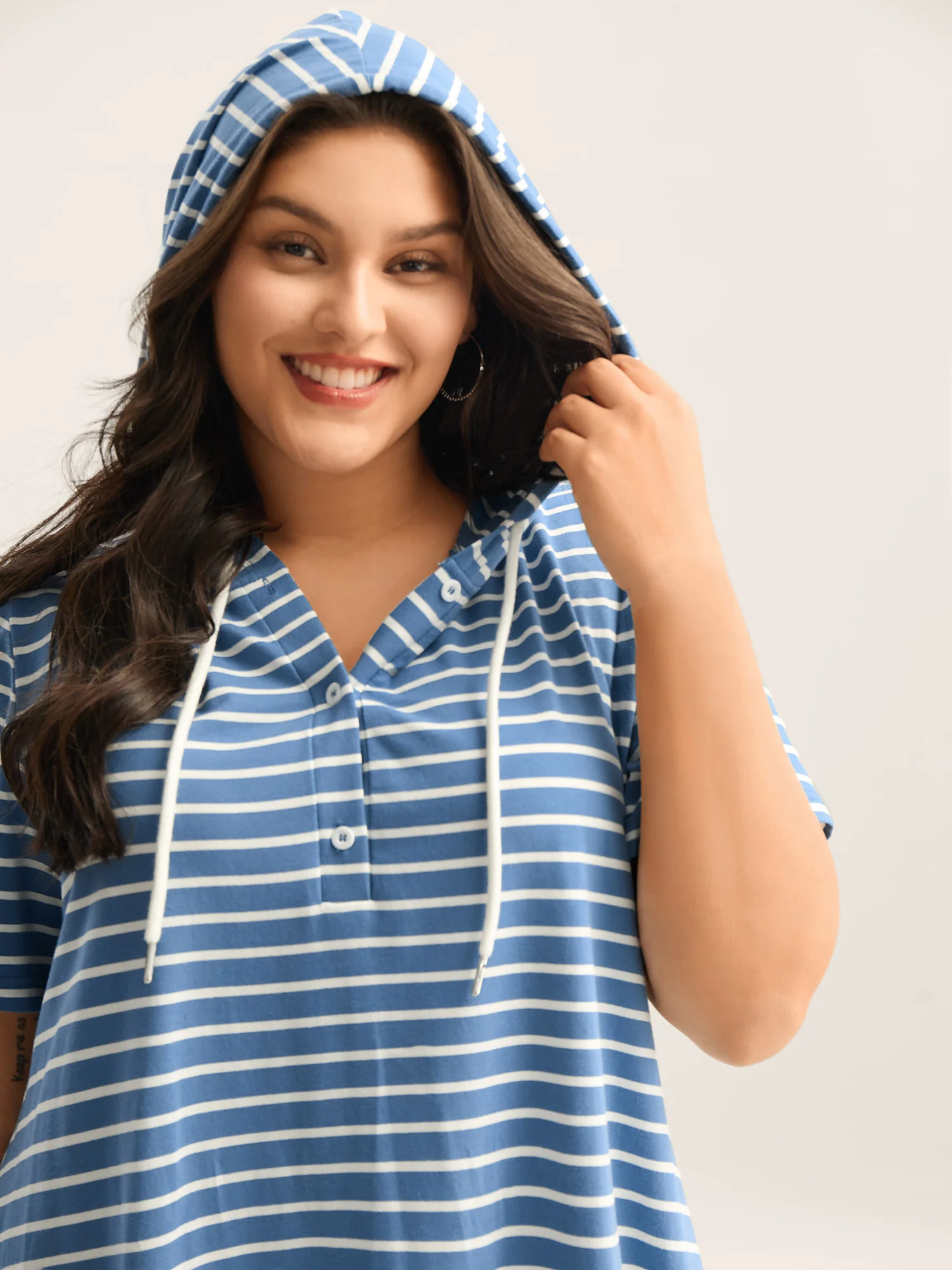 Stripe Print Curvy Hem Hooded Mini Dress - Image 2