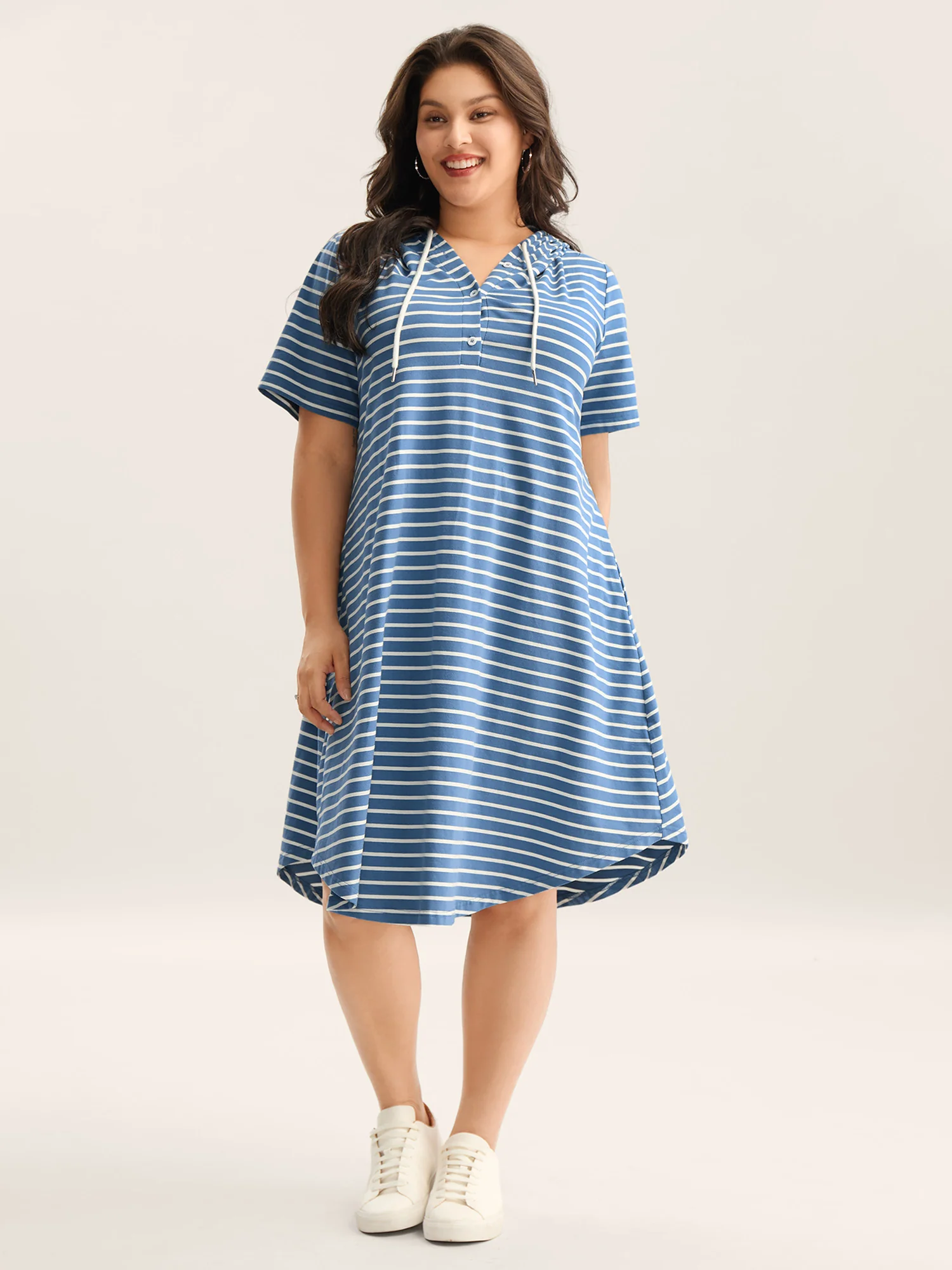 Stripe Print Curvy Hem Hooded Mini Dress - Image 3