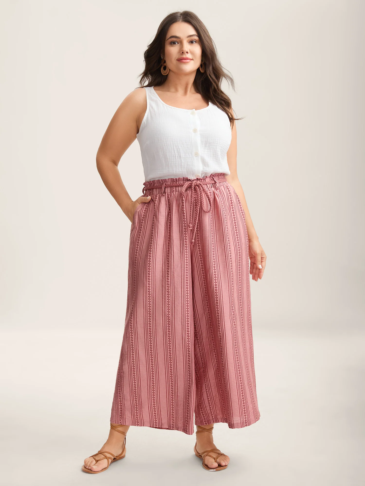 Stripe Print Drawstring Wide-Leg Pants - Image 2