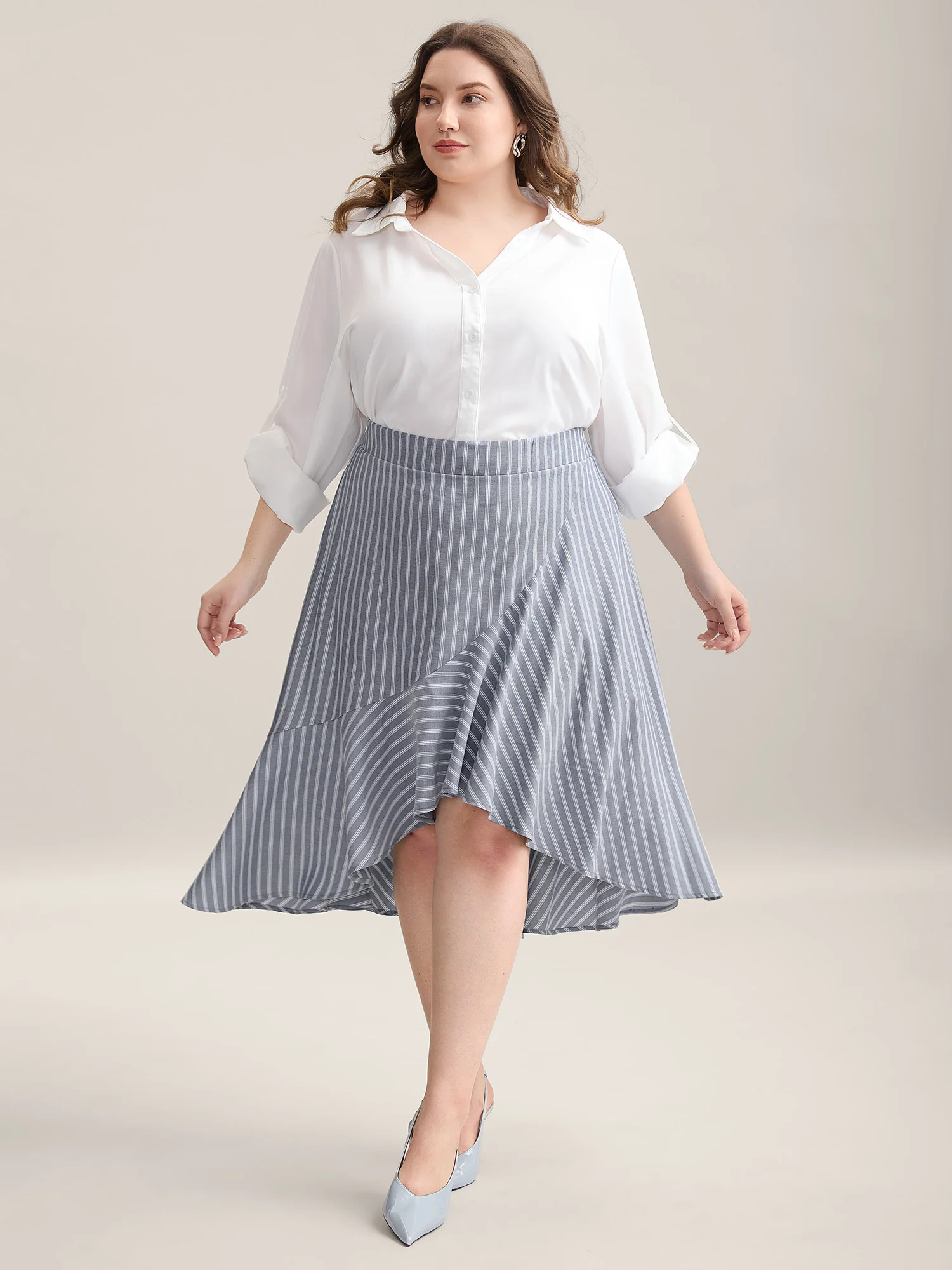 Stripe Print High-Low Hem Midi Skirt - Image 2