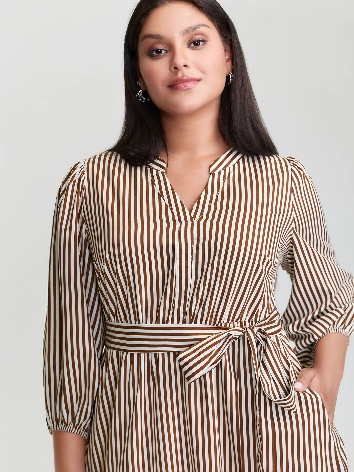 Stripe Print Pockets Belted Midi Dress - Image 2