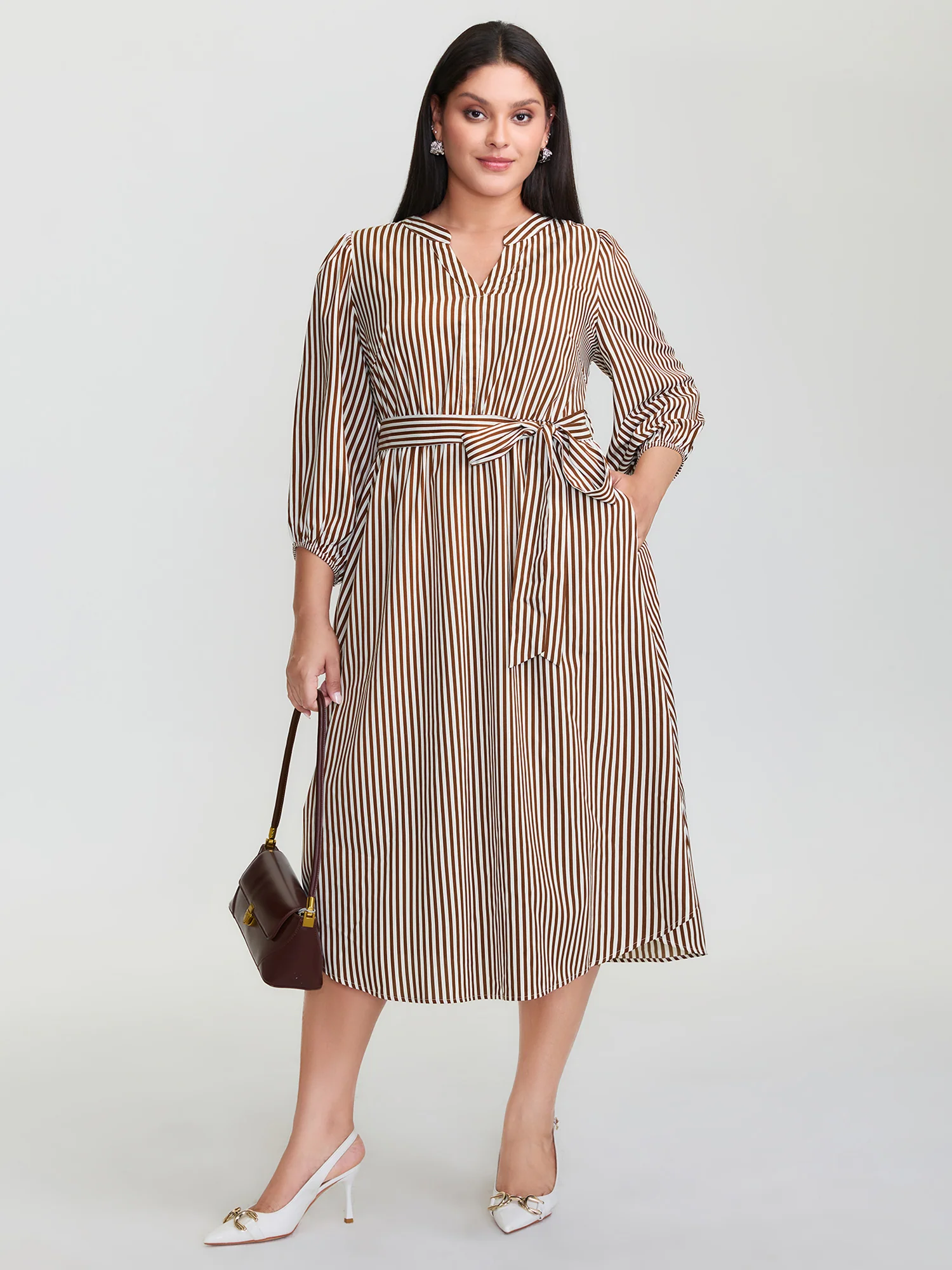 Stripe Print Pockets Belted Midi Dress - Image 3