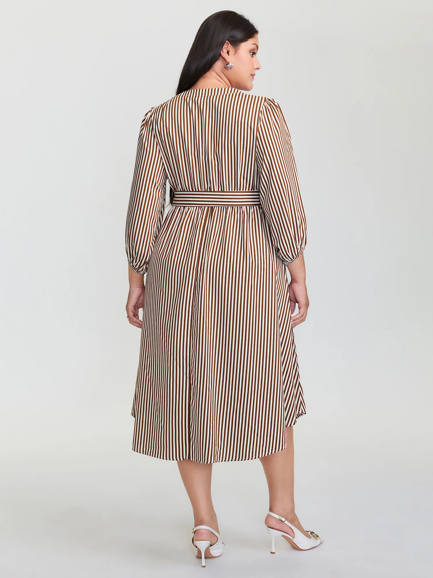 Stripe Print Pockets Belted Midi Dress - Image 5