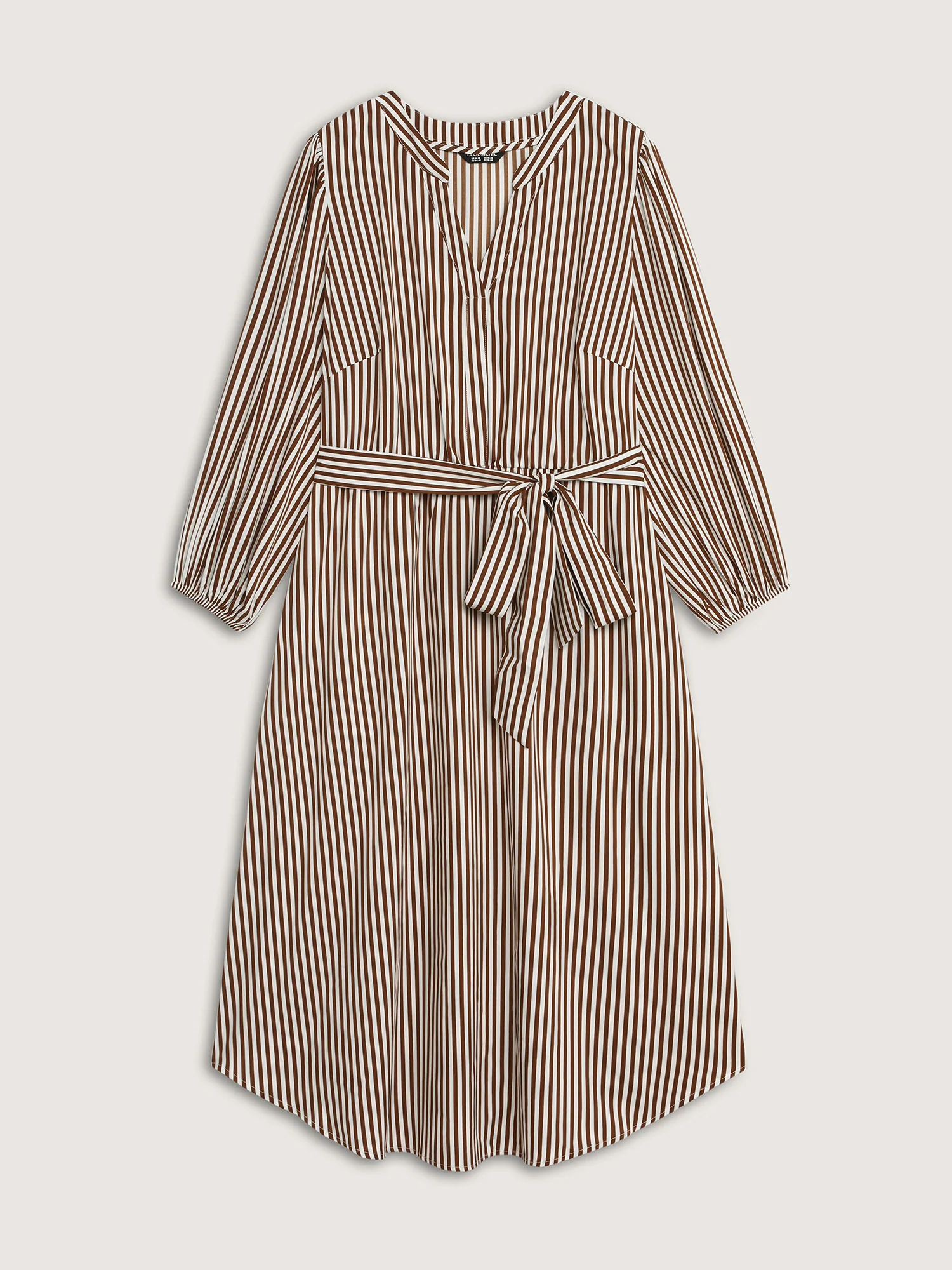 Stripe Print Pockets Belted Midi Dress - Image 8