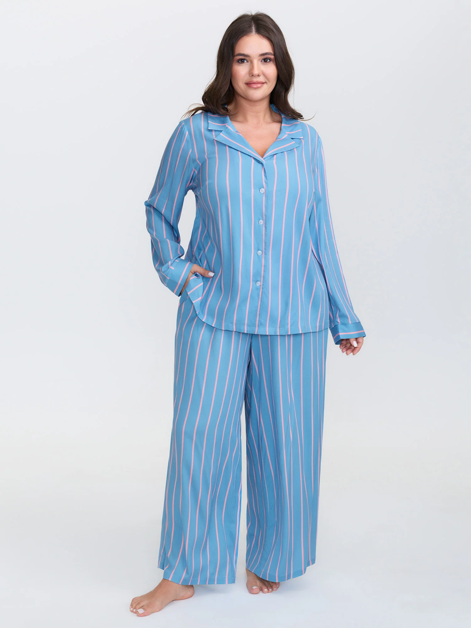 Stripe Print Pockets Two-Piece Lounge Set