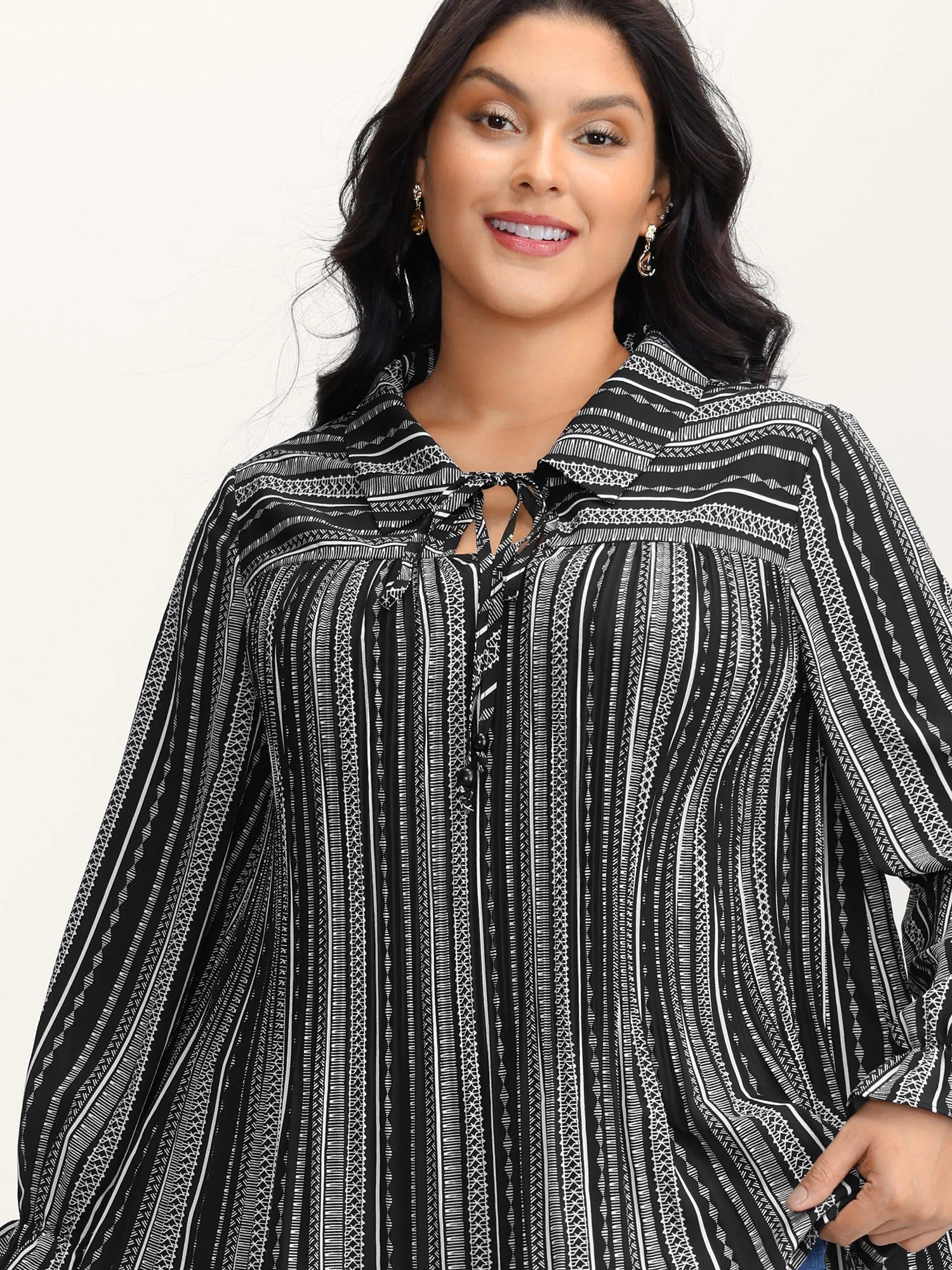 Stripe Print Semi Sheer Pleated Blouse - Image 2