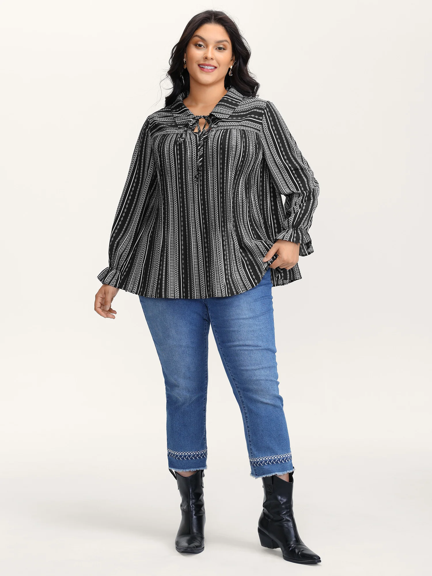 Stripe Print Semi Sheer Pleated Blouse - Image 3