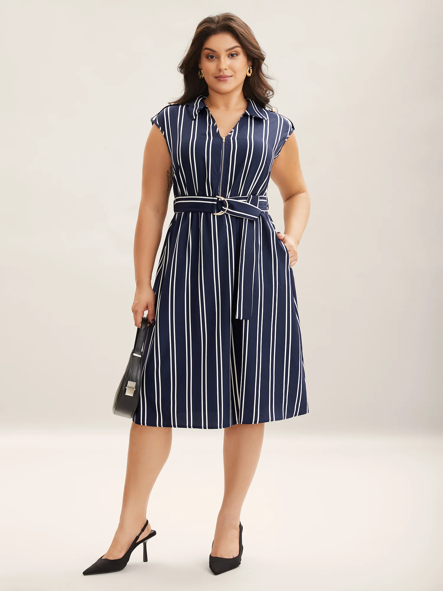 Stripe Print Zipper Belted Midi Dress - Image 3