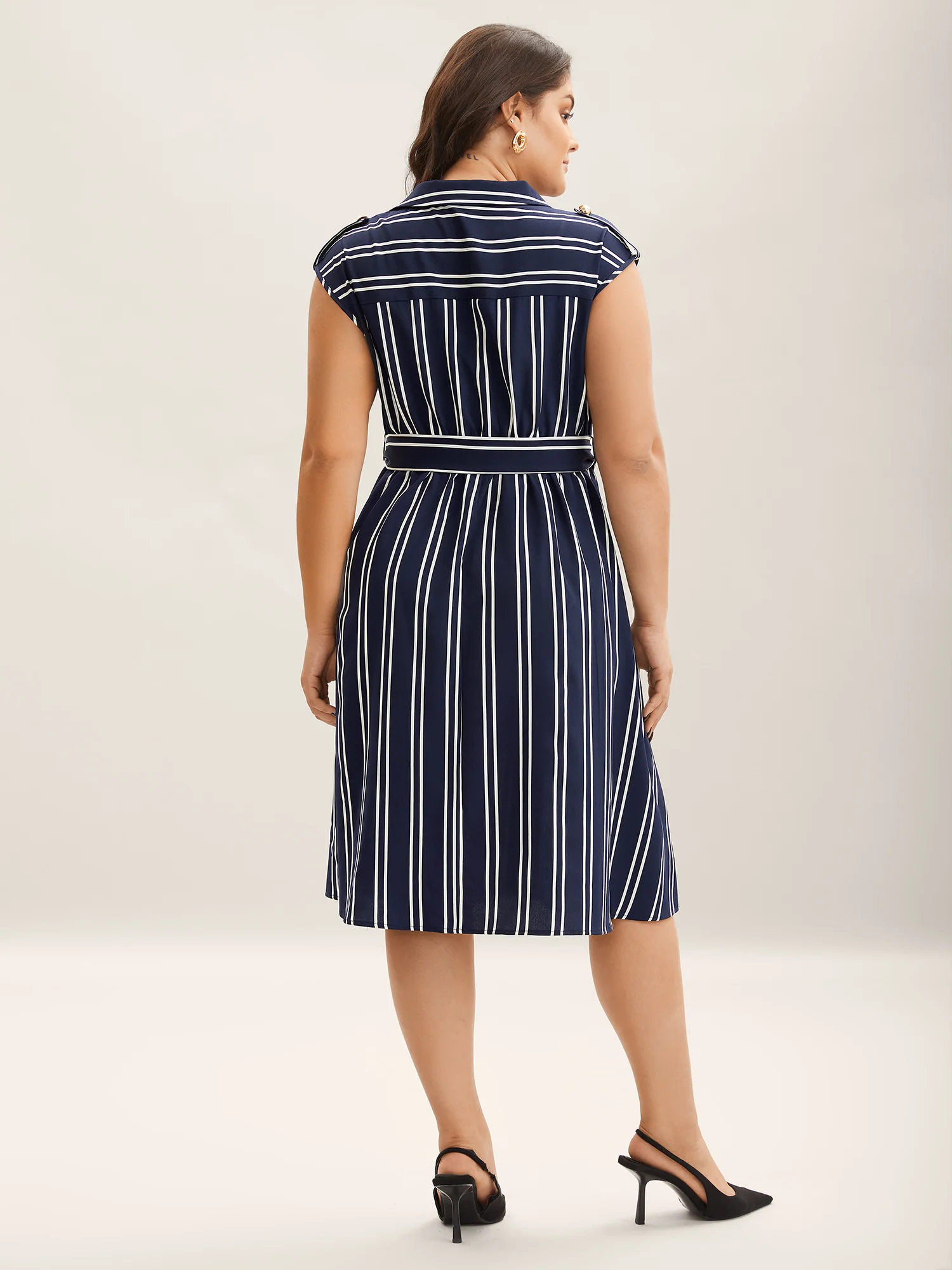Stripe Print Zipper Belted Midi Dress - Image 4