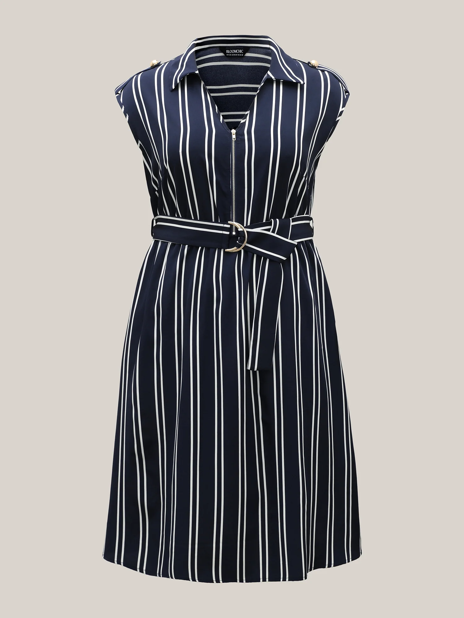 Stripe Print Zipper Belted Midi Dress - Image 7