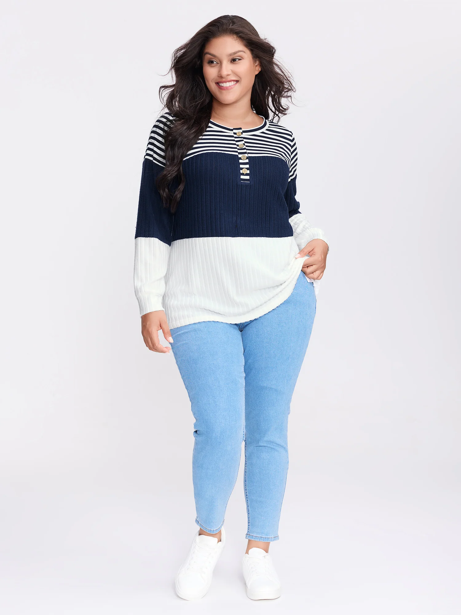 Stripe Ribbed Button Placket T-Shirt - Image 3