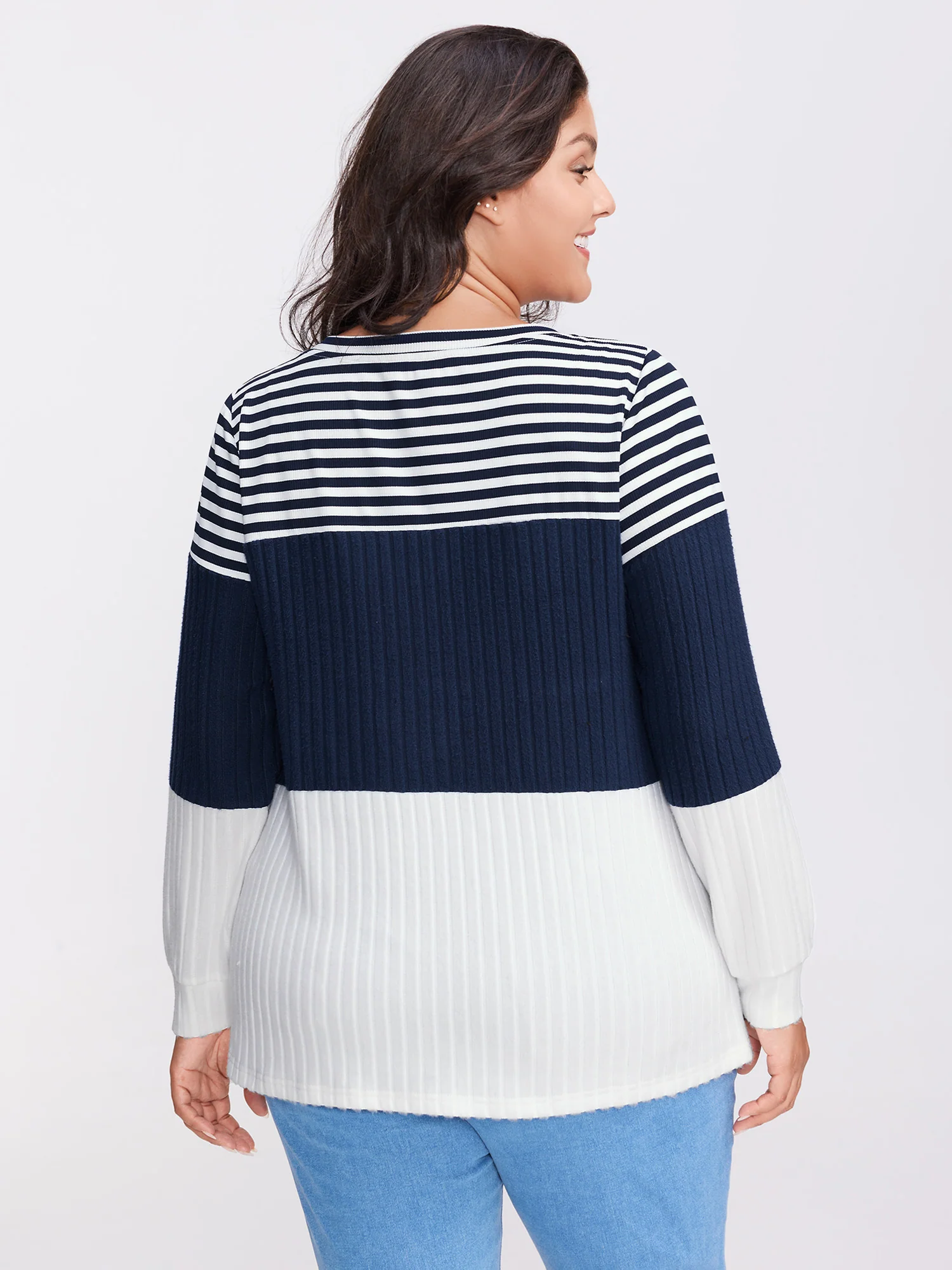 Stripe Ribbed Button Placket T-Shirt - Image 4