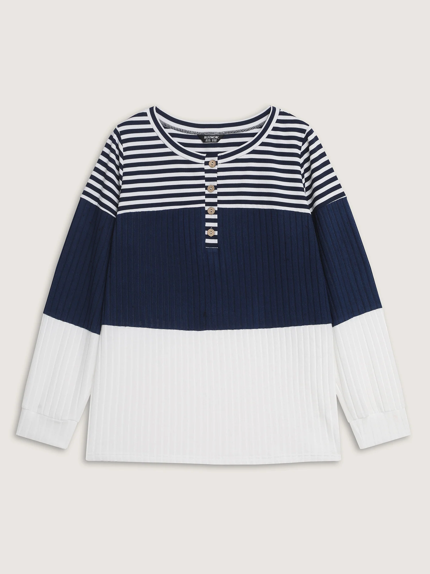 Stripe Ribbed Button Placket T-Shirt - Image 7