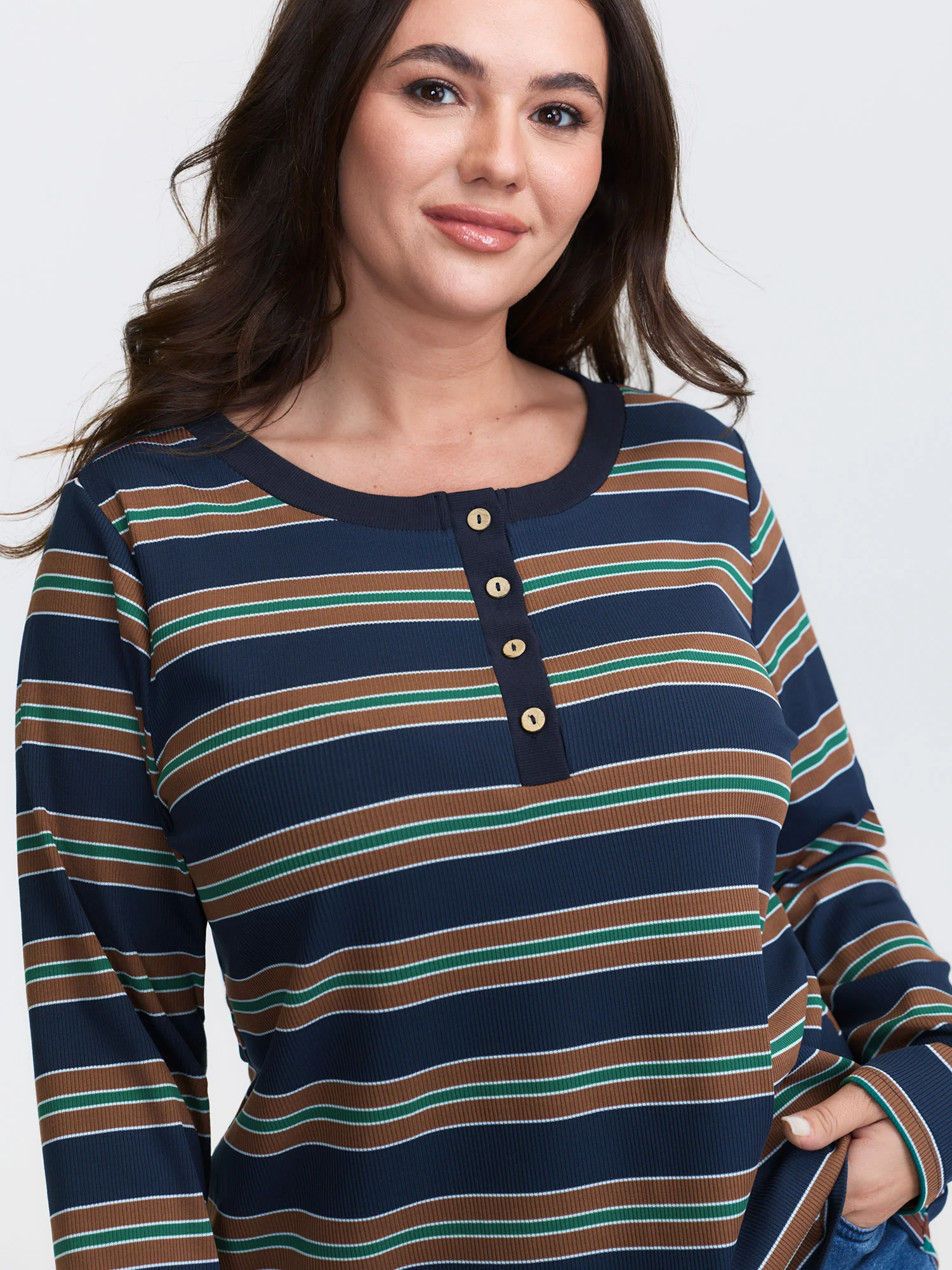 Stripe Ribbed Button Round Neck T-Shirt