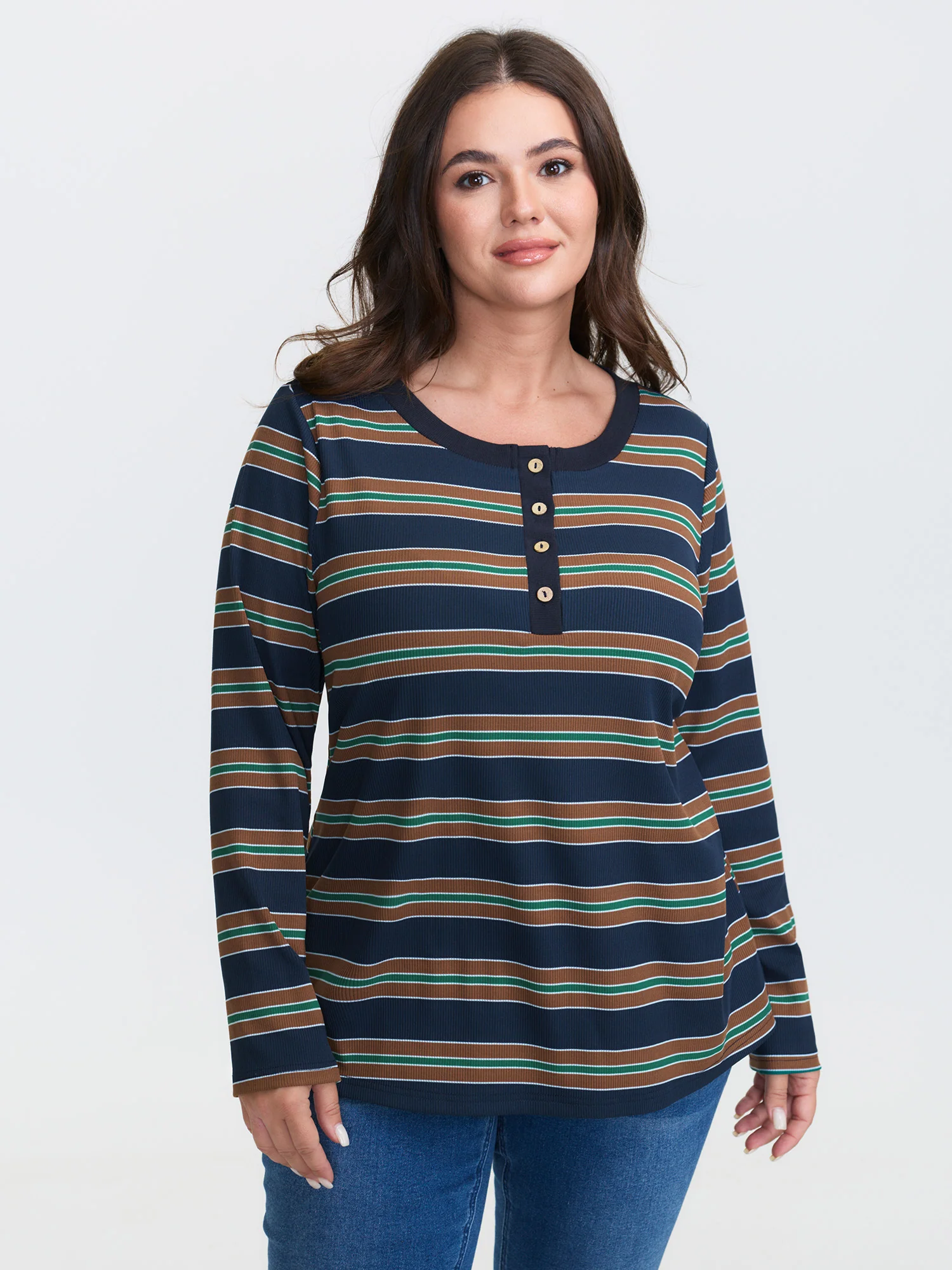 Stripe Ribbed Button Round Neck T-Shirt - Image 2