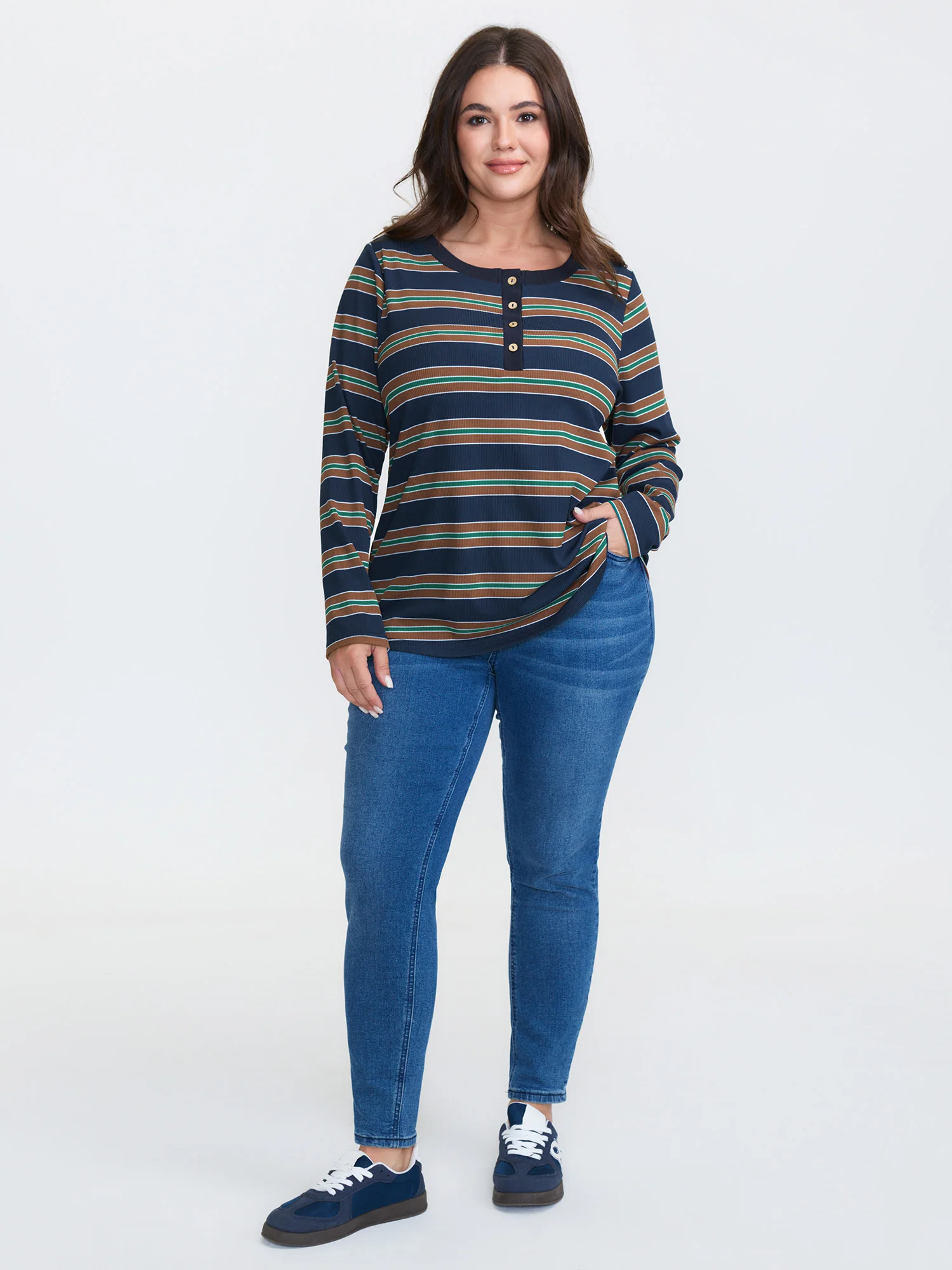 Stripe Ribbed Button Round Neck T-Shirt - Image 3