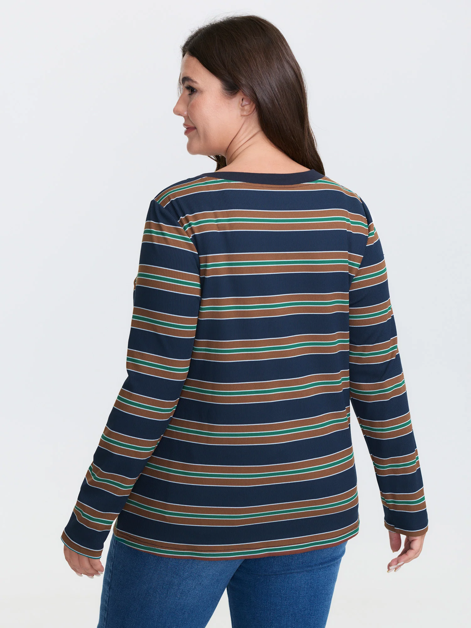 Stripe Ribbed Button Round Neck T-Shirt - Image 4