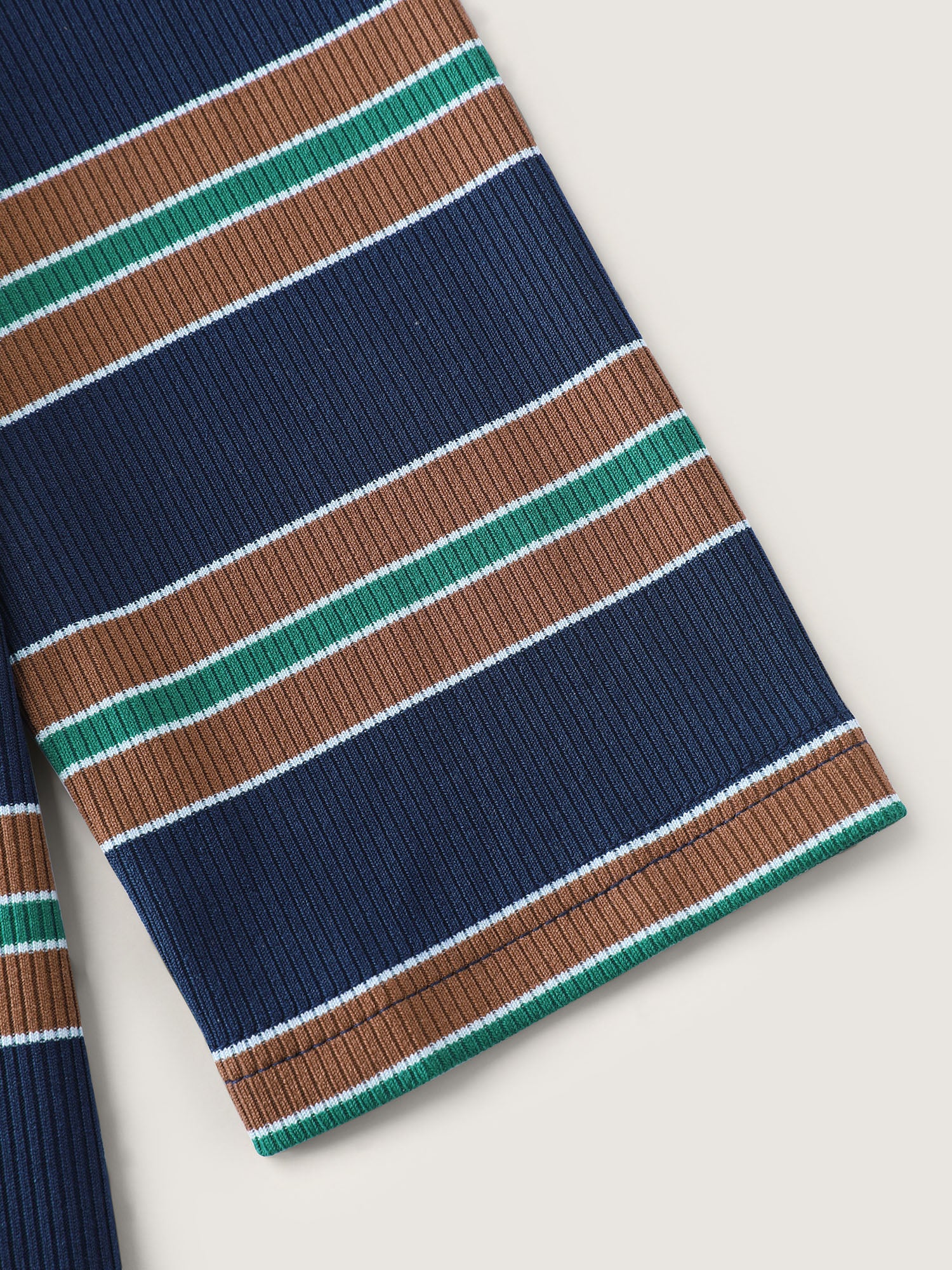 Stripe Ribbed Button Round Neck T-Shirt - Image 6