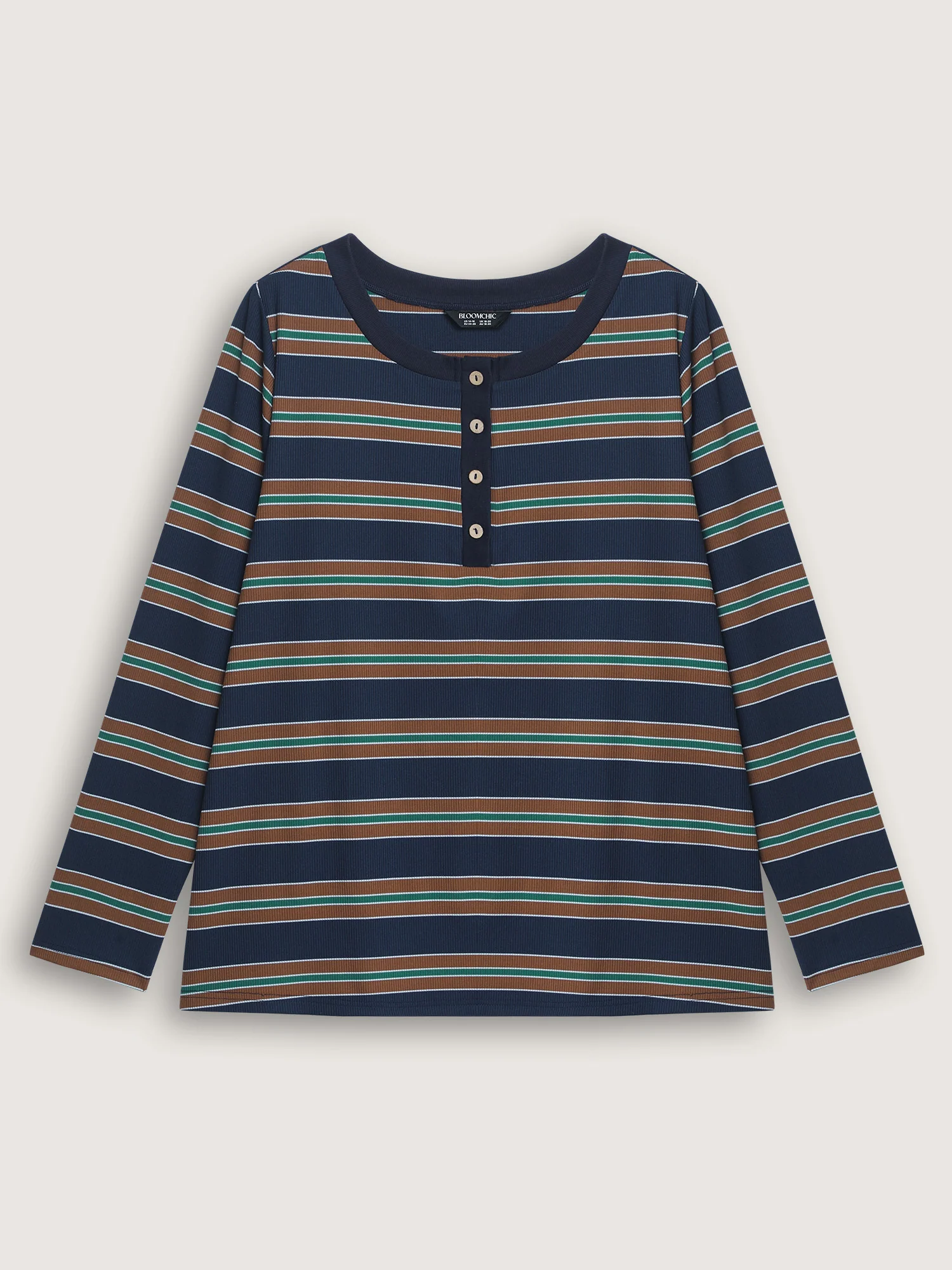 Stripe Ribbed Button Round Neck T-Shirt - Image 7