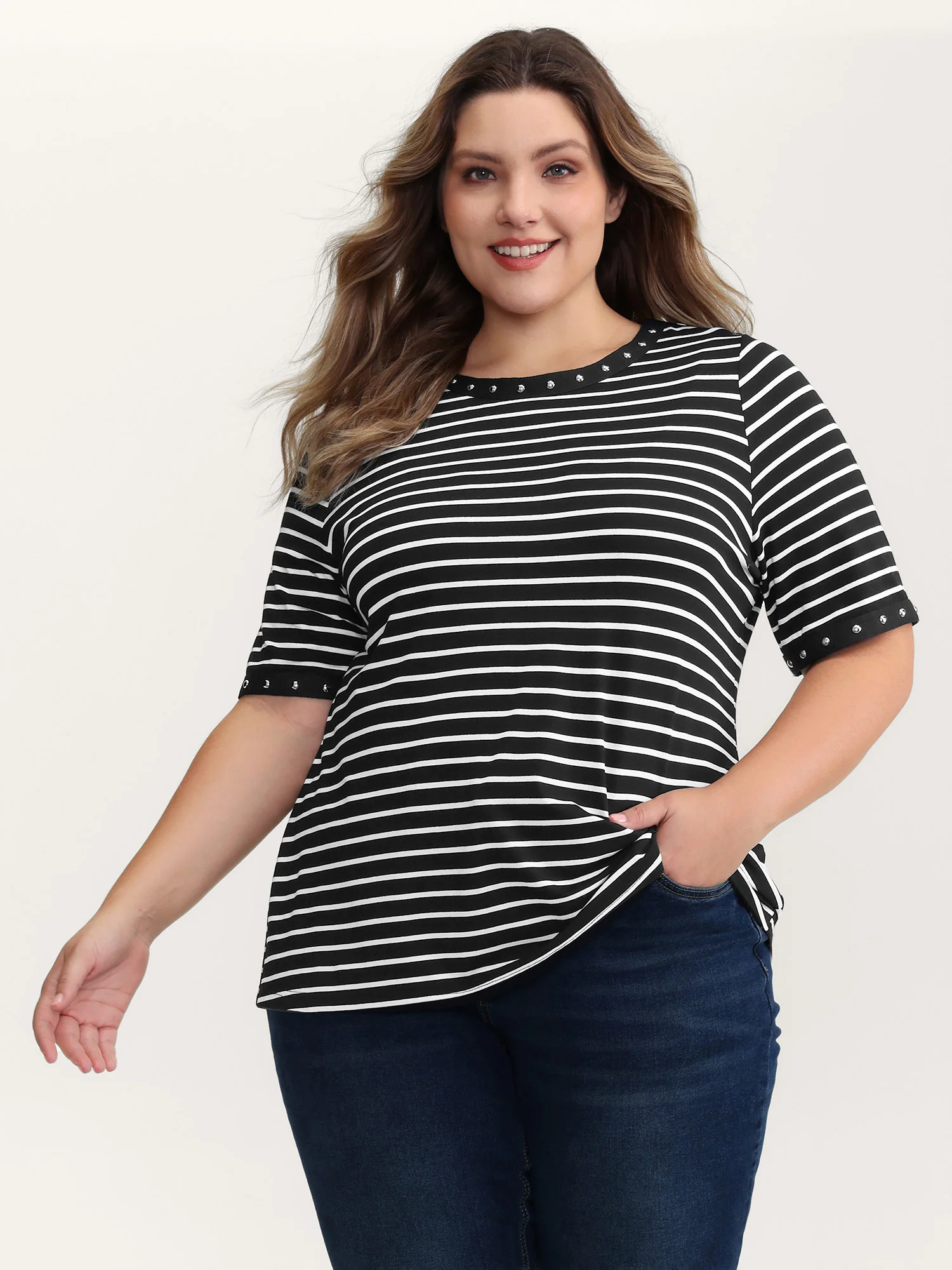 Stripe Rivets Contrast Edge T-Shirt - Image 2