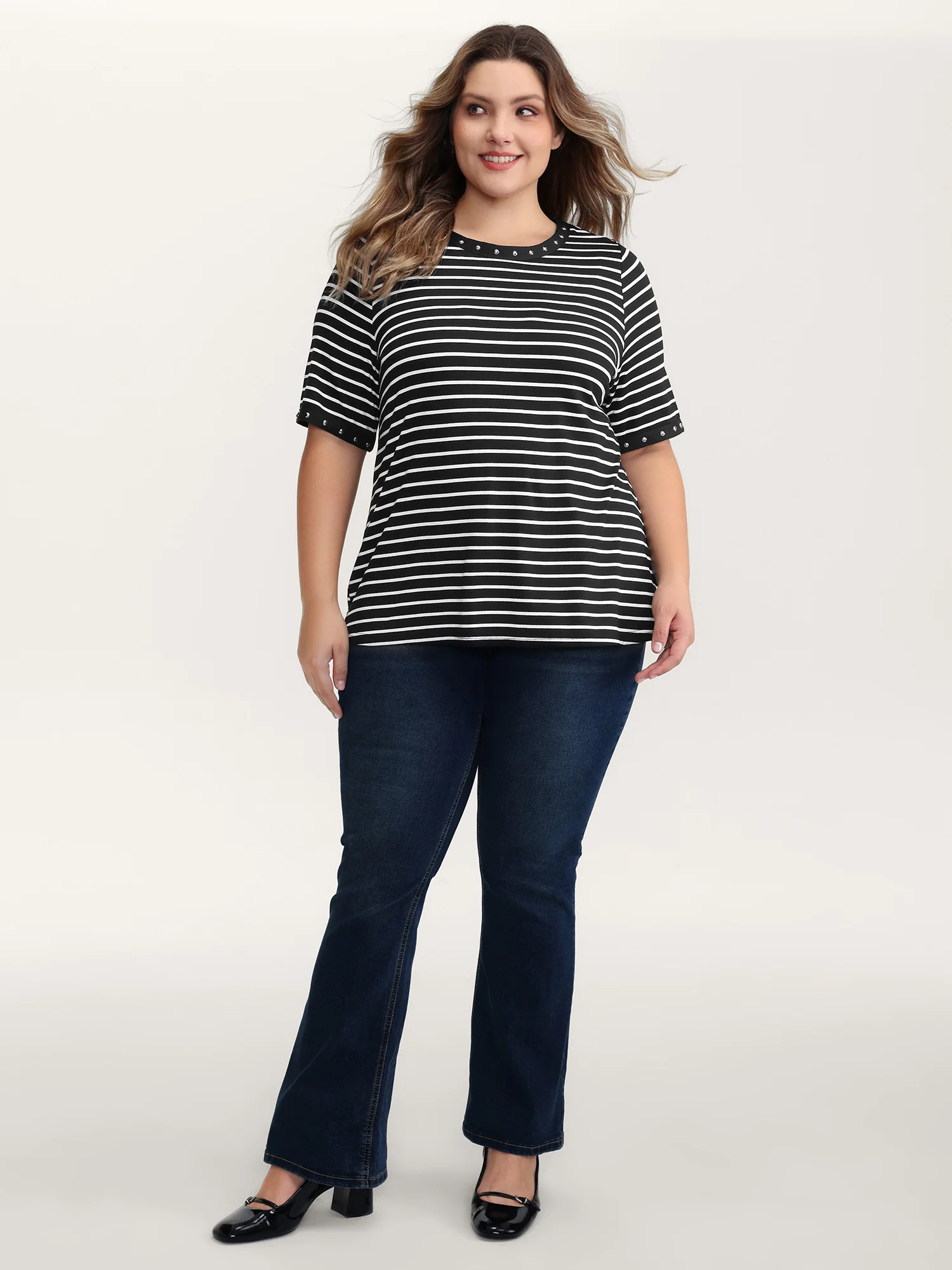 Stripe Rivets Contrast Edge T-Shirt - Image 3