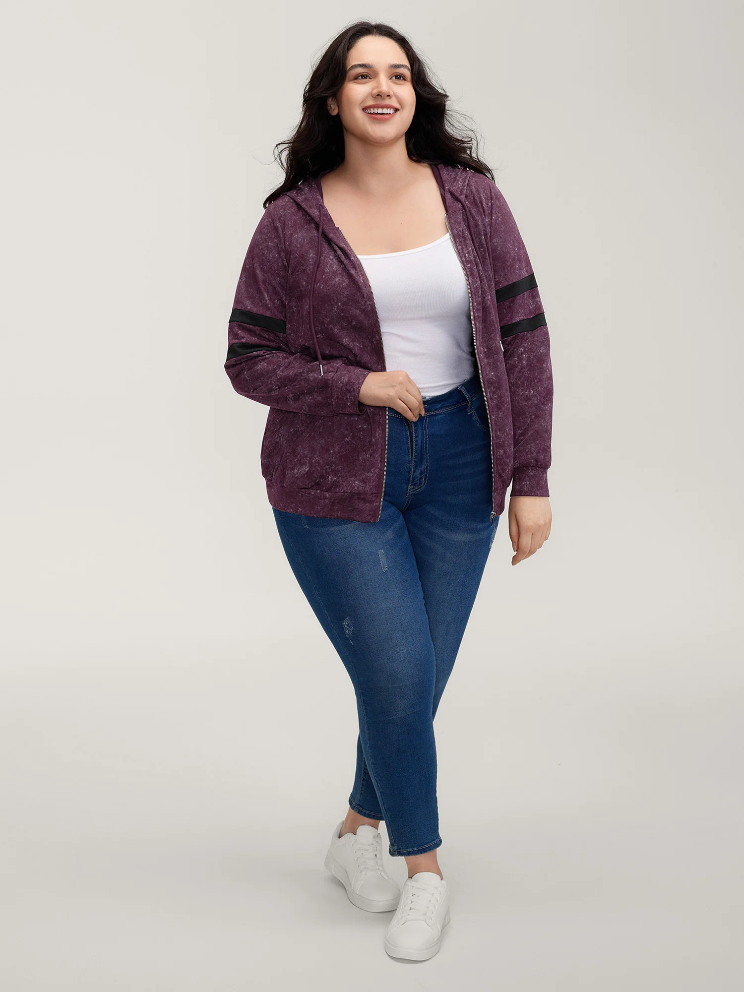 Stripe Sleeve Zipper-Front Pockets Jacket - Image 2