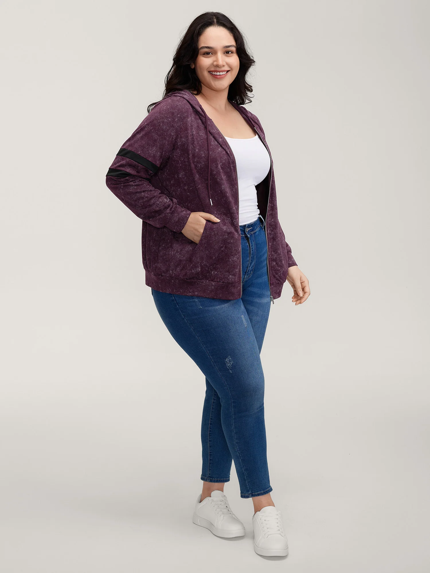 Stripe Sleeve Zipper-Front Pockets Jacket - Image 3
