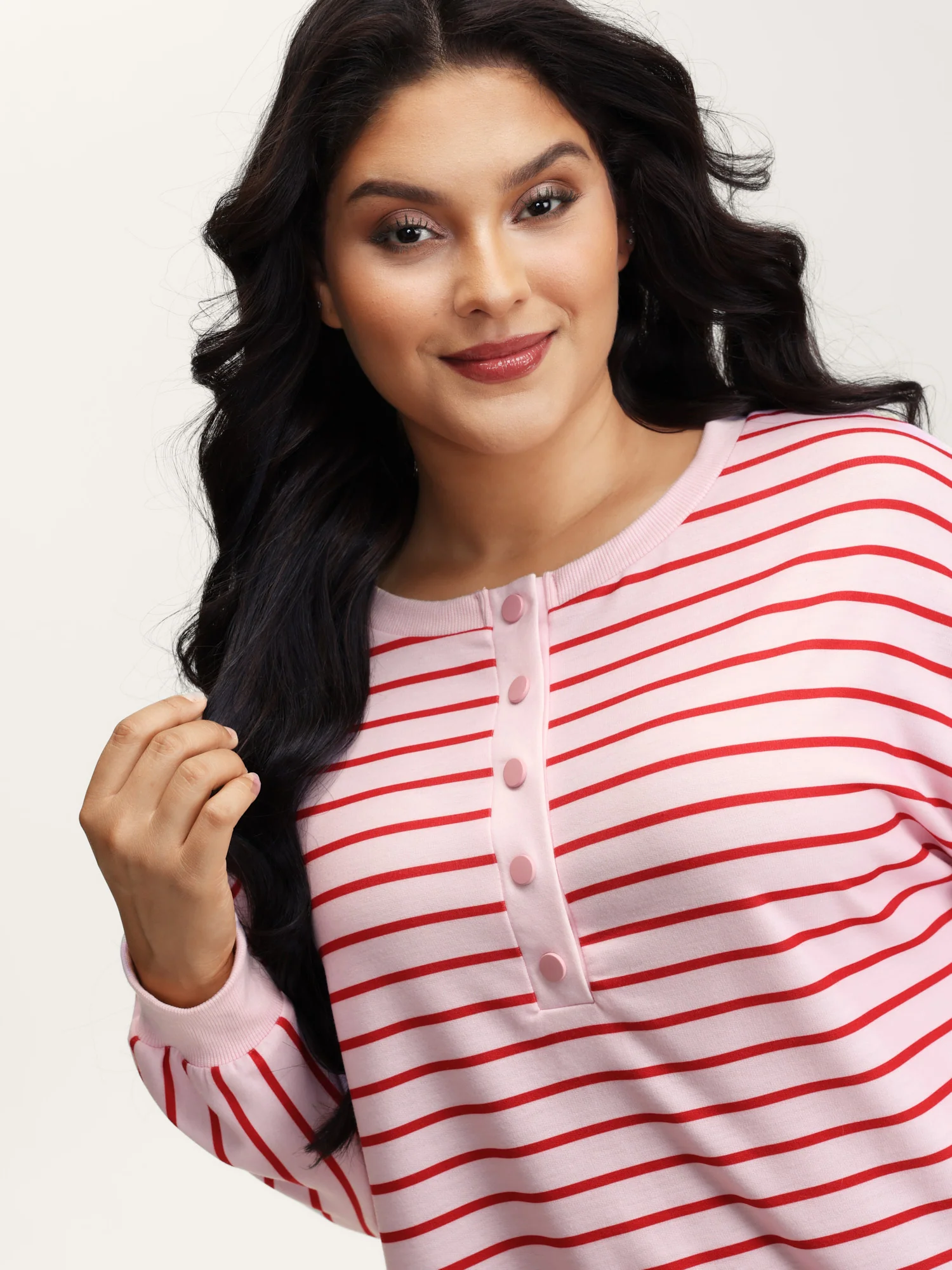 Stripe Snap Button Round Neck Sweatshirt - Image 2