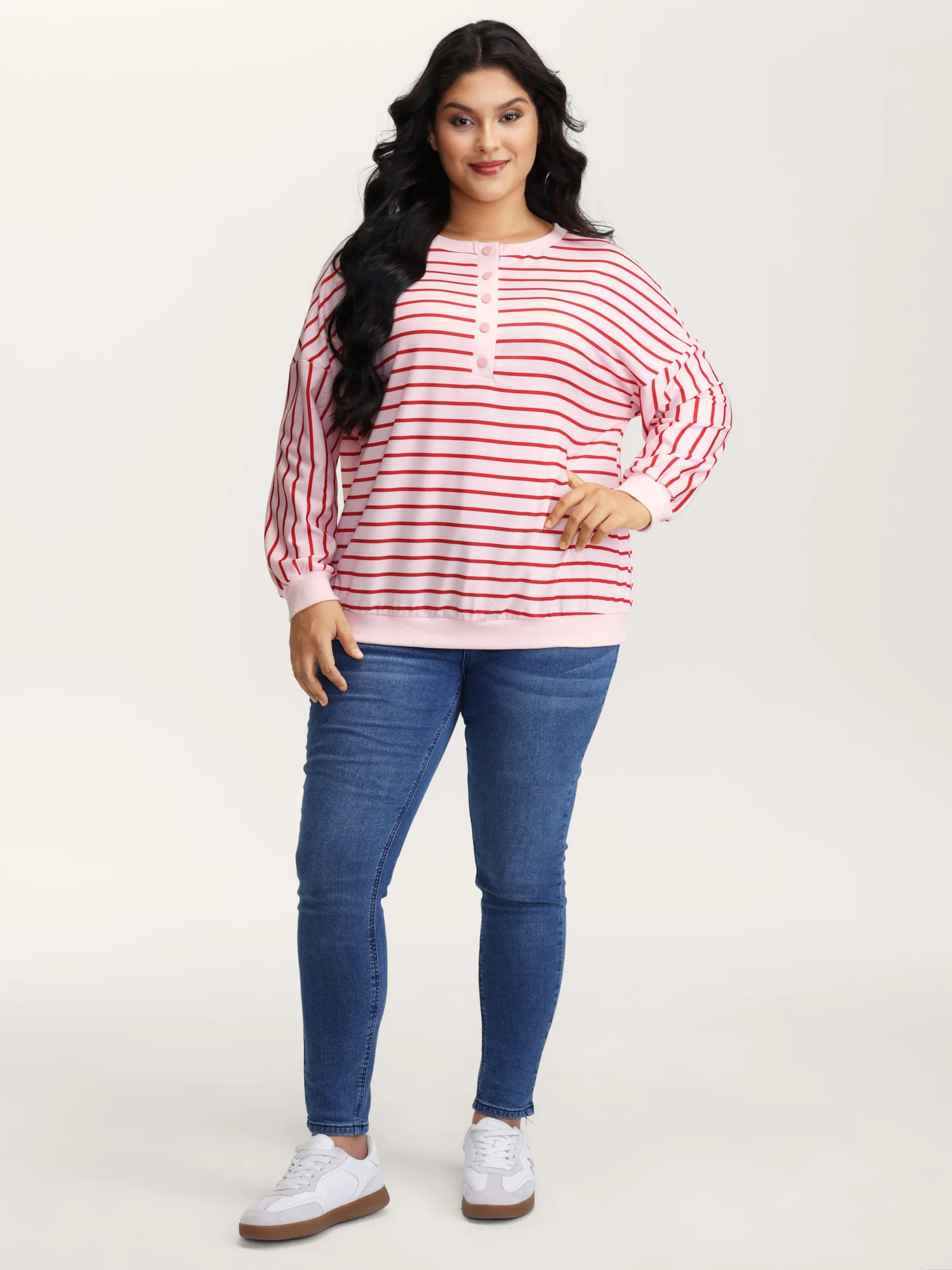 Stripe Snap Button Round Neck Sweatshirt - Image 3