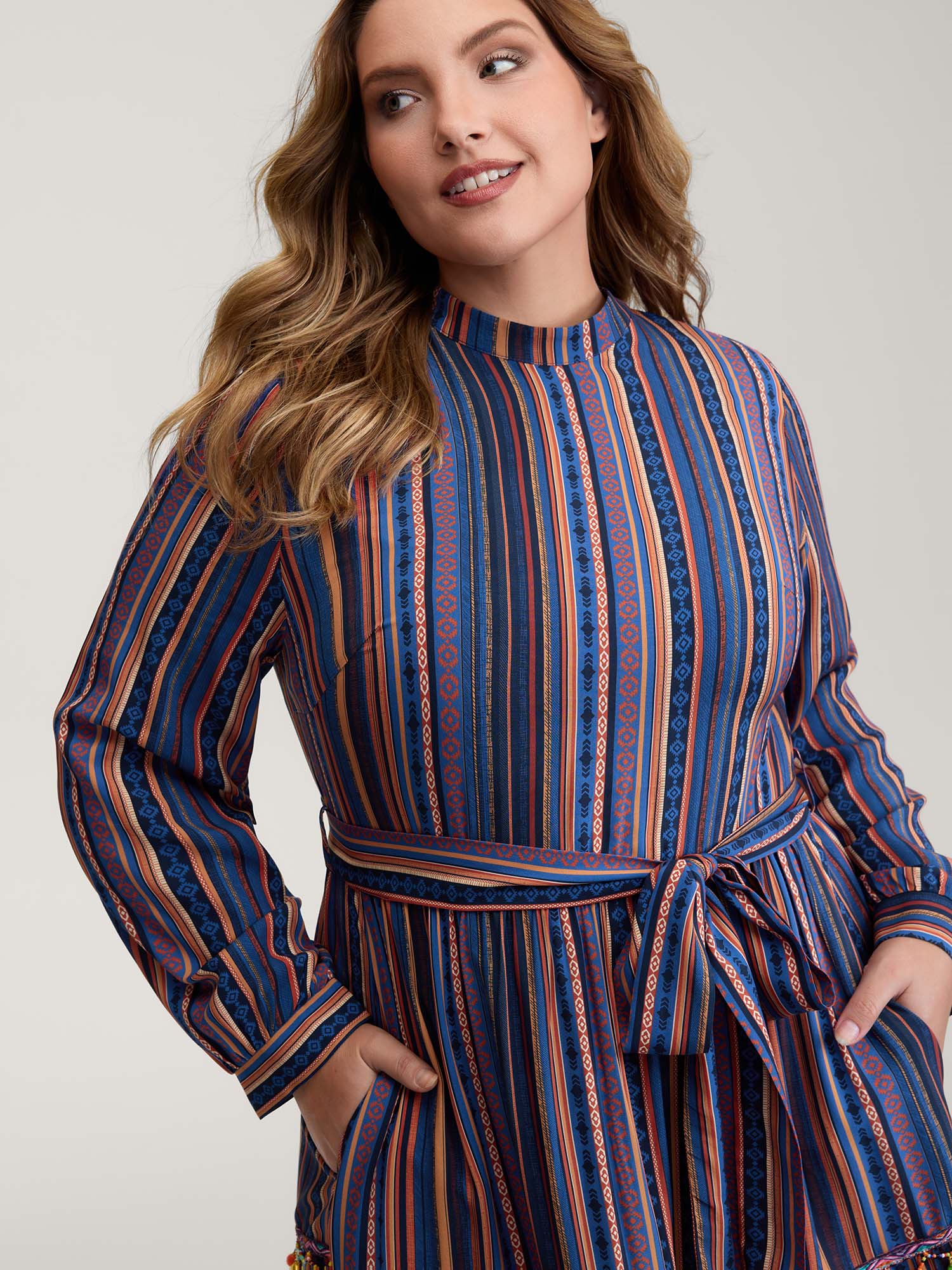 Stripe Tassels Stretchy Waist Pockets Maxi Dress - Image 2