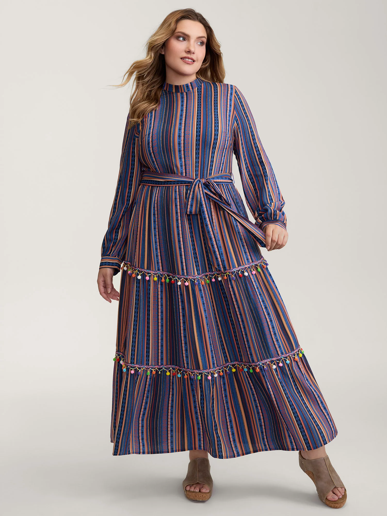 Stripe Tassels Stretchy Waist Pockets Maxi Dress - Image 3