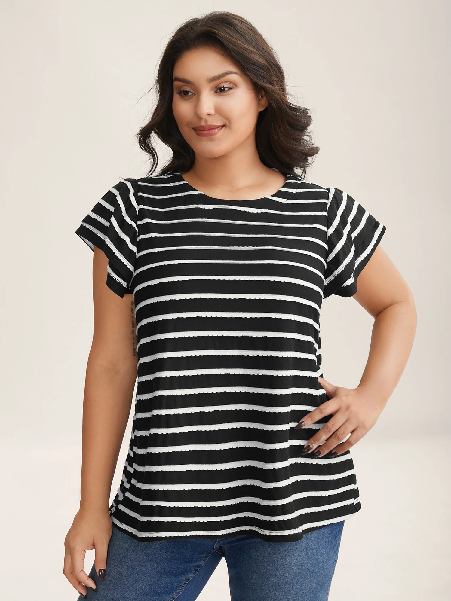 Stripe Textured Lotus Leaf Sleeve T-Shirt - Image 2