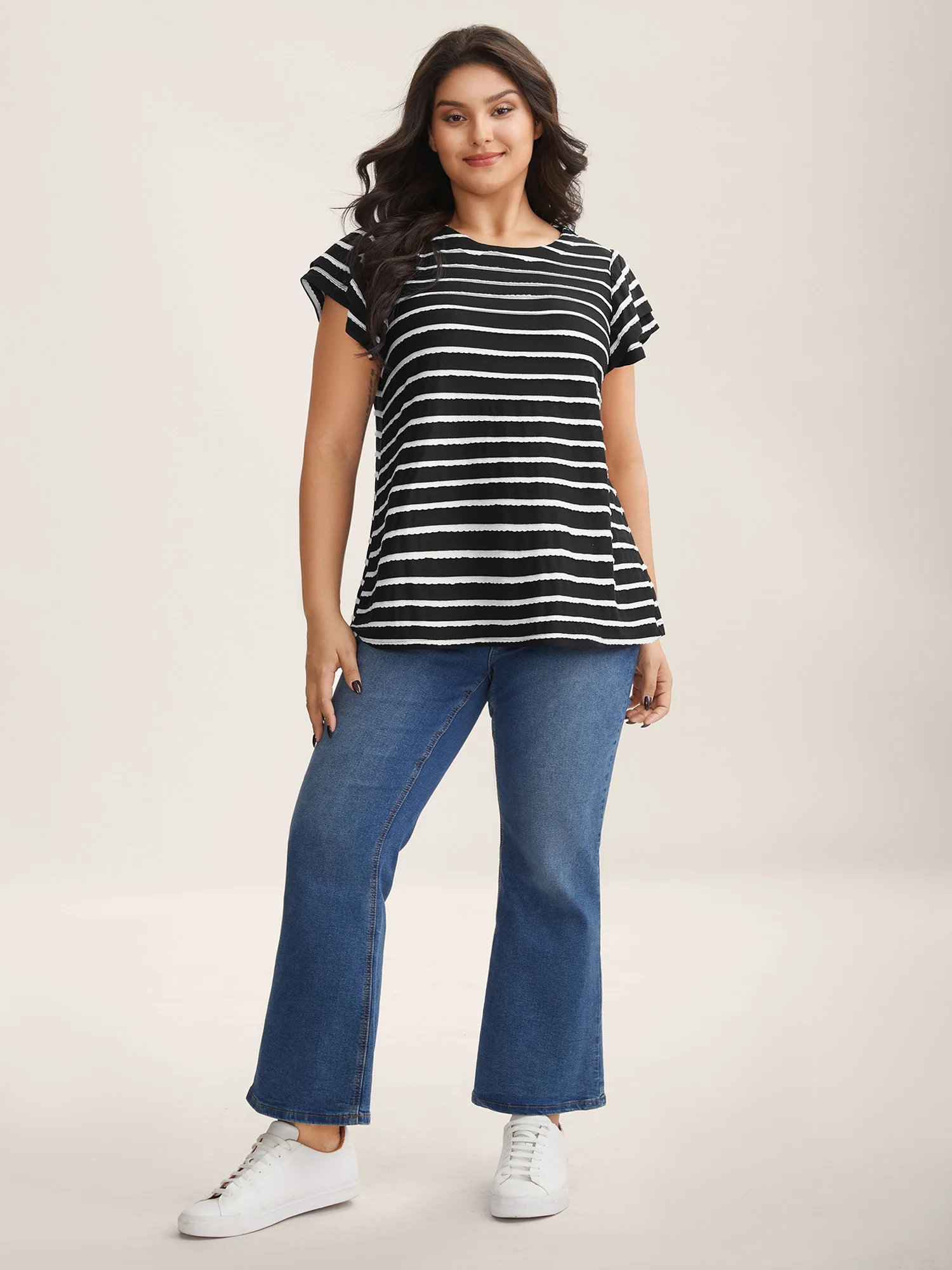 Stripe Textured Lotus Leaf Sleeve T-Shirt - Image 3