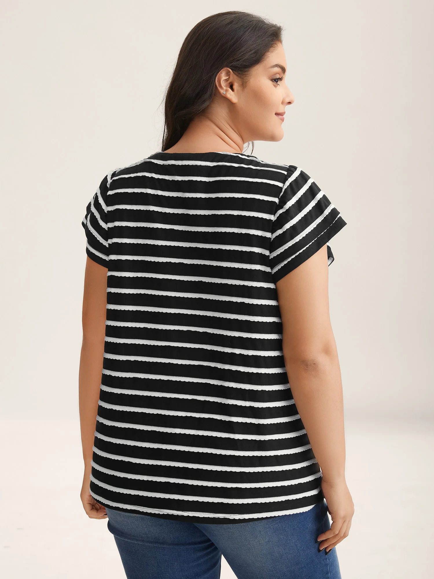 Stripe Textured Lotus Leaf Sleeve T-Shirt - Image 4