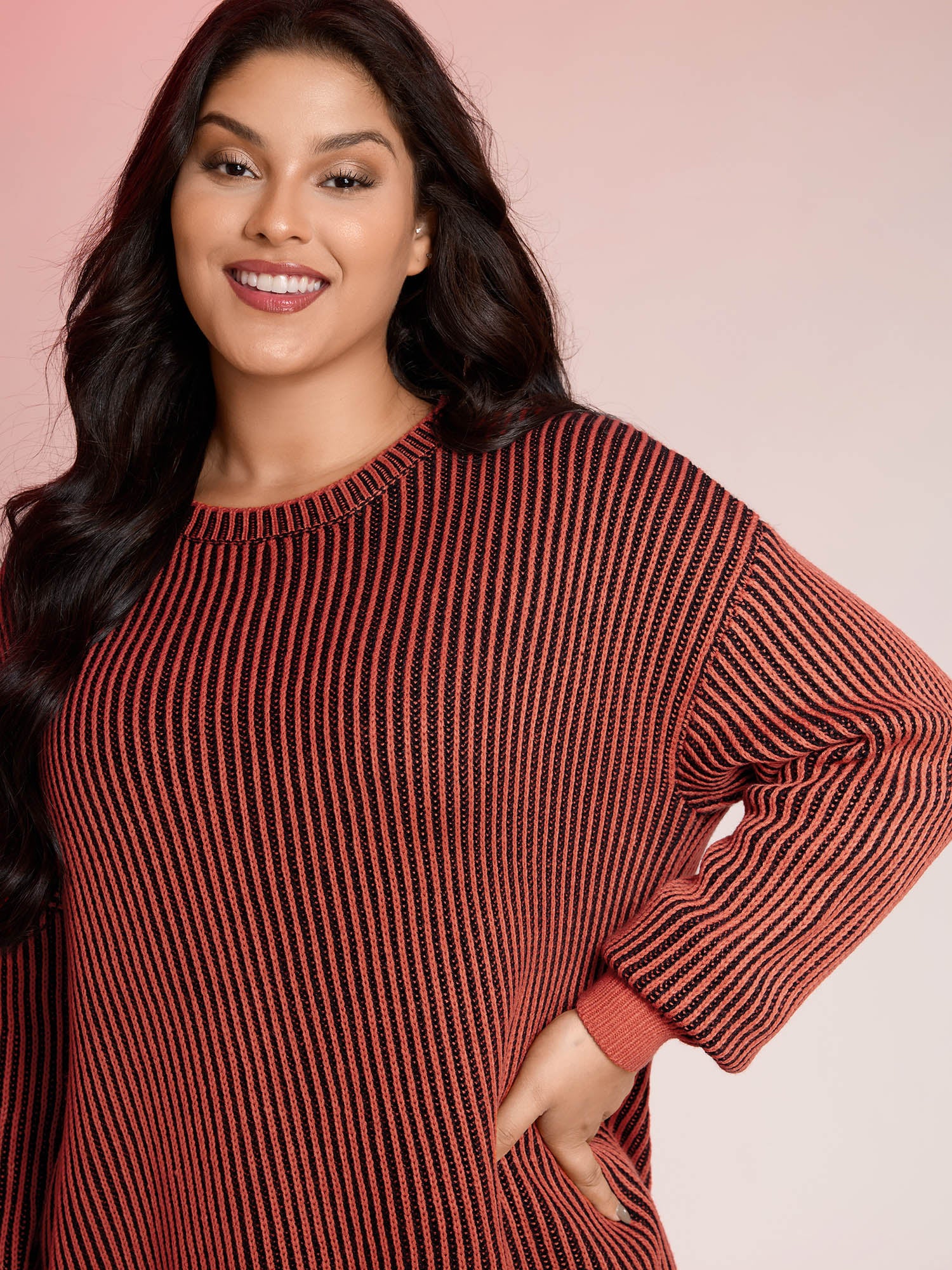Stripe Textured Round Neck Pullover - Image 2