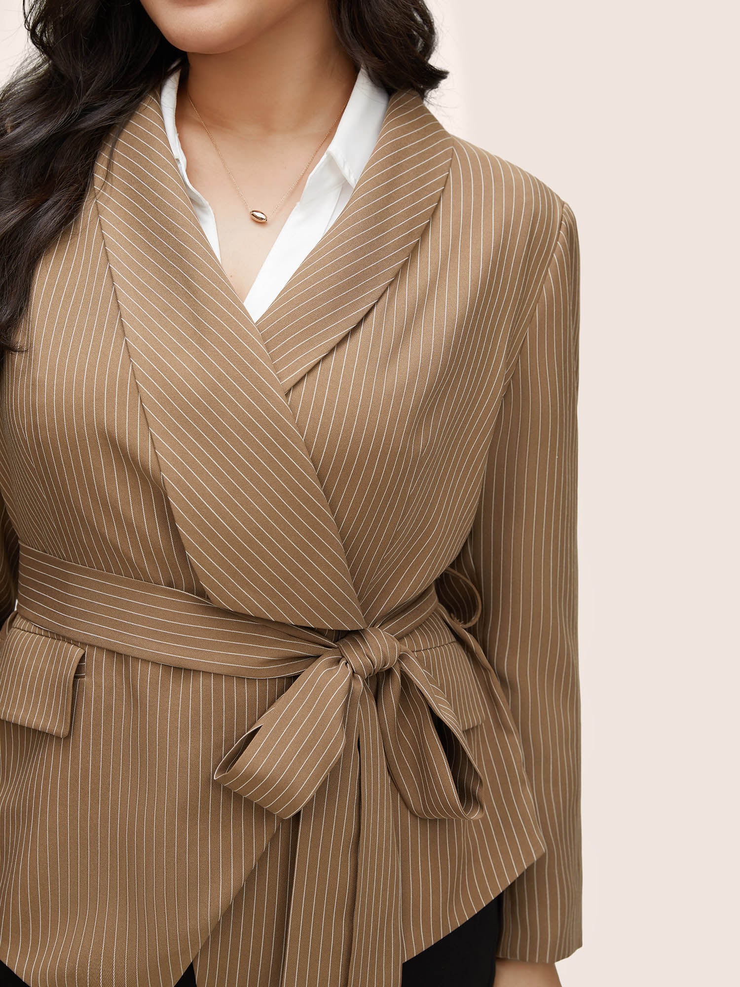 Striped Asymmetrical Hem Belted Flap Pocket Blazer - Image 3