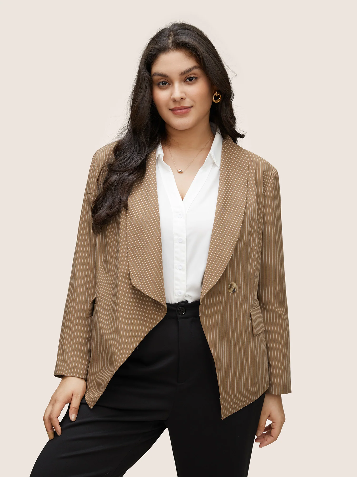 Striped Asymmetrical Hem Belted Flap Pocket Blazer - Image 4