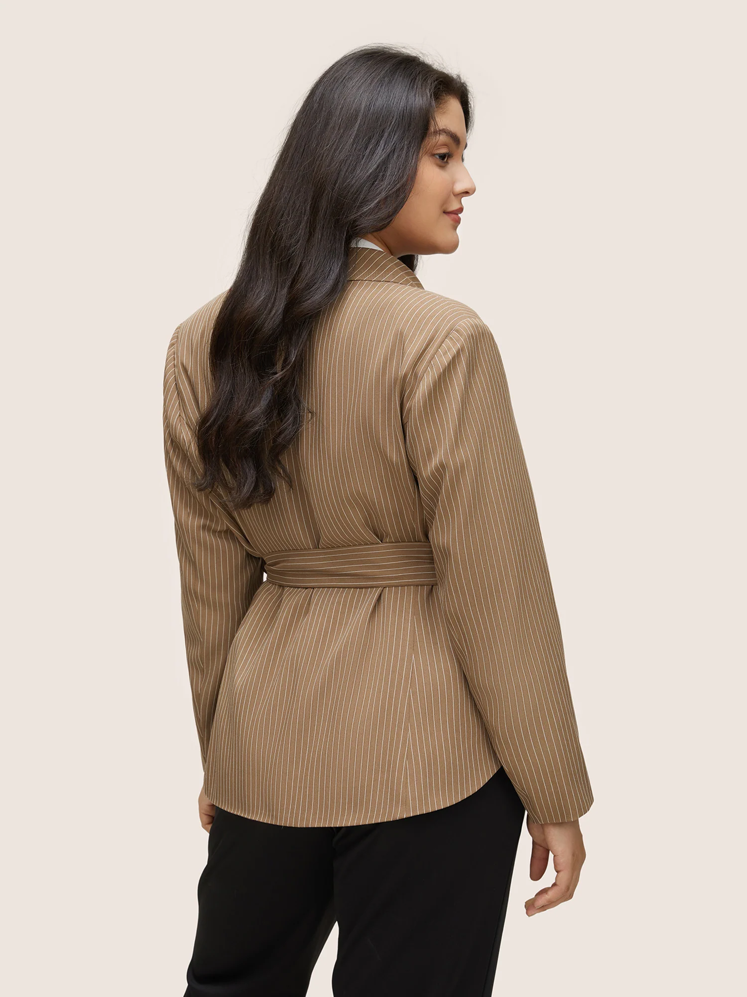 Striped Asymmetrical Hem Belted Flap Pocket Blazer - Image 5