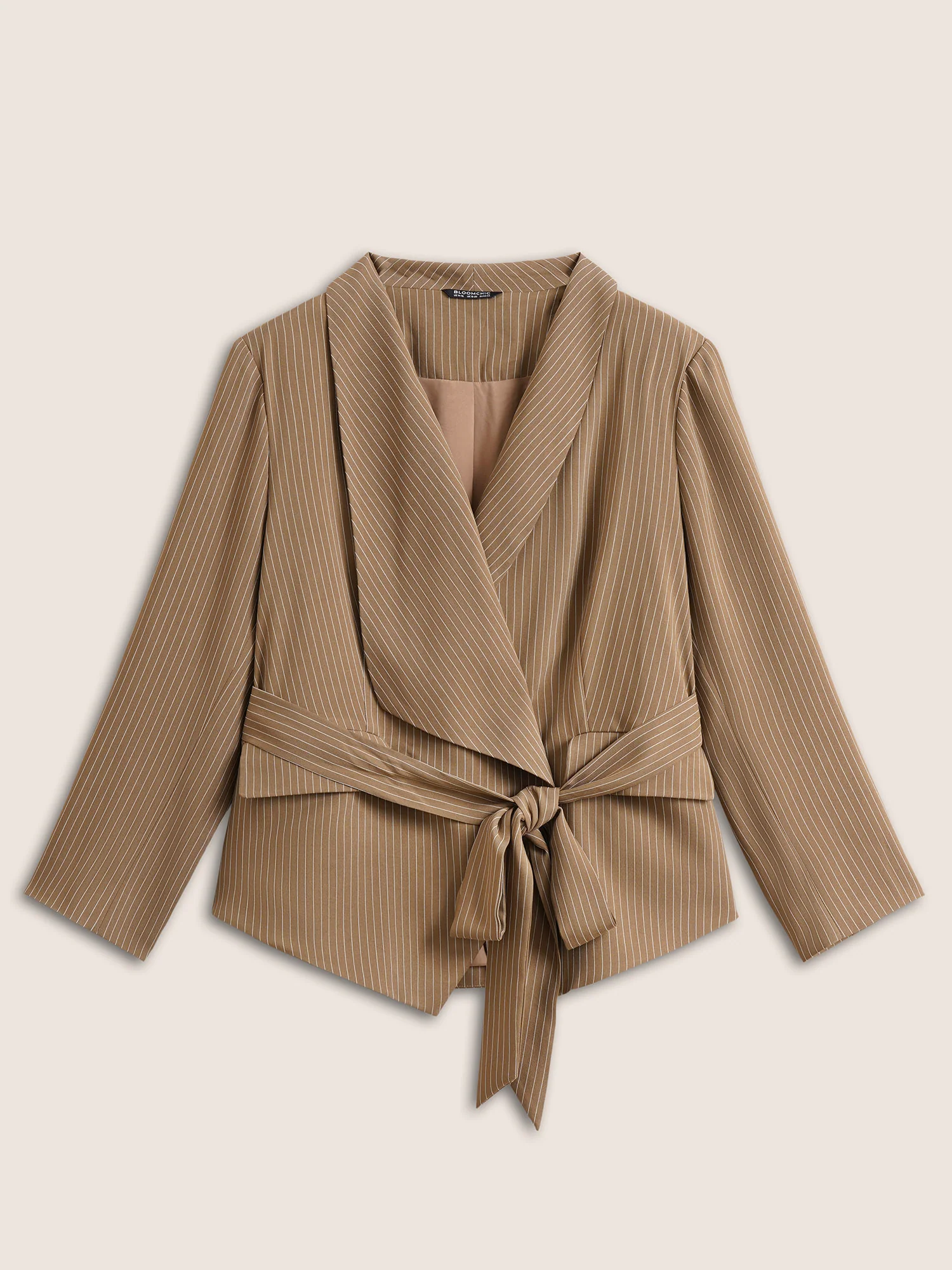 Striped Asymmetrical Hem Belted Flap Pocket Blazer - Image 8