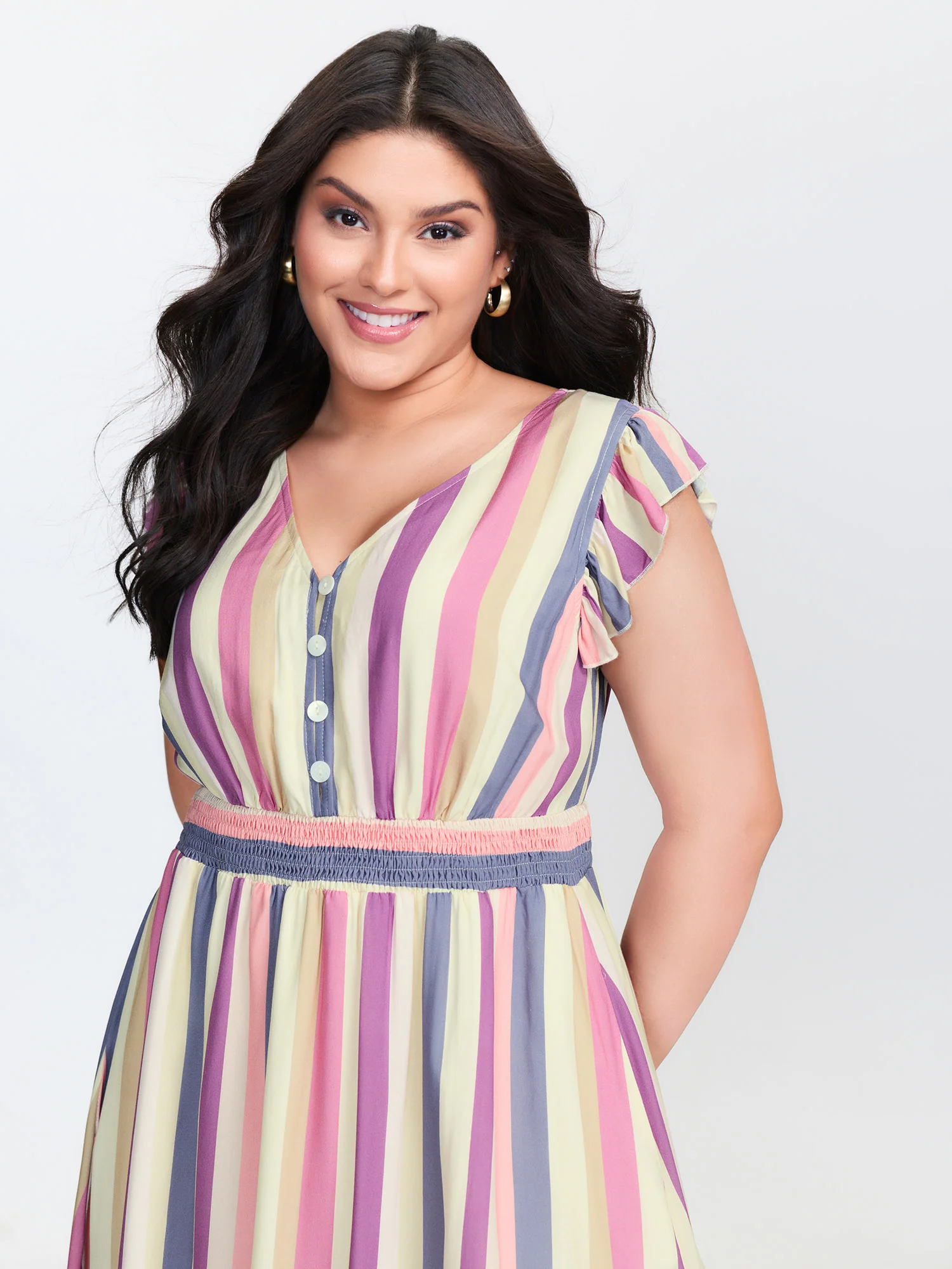 Striped Babydoll Flutter Sleeve Midi Dress - Image 2
