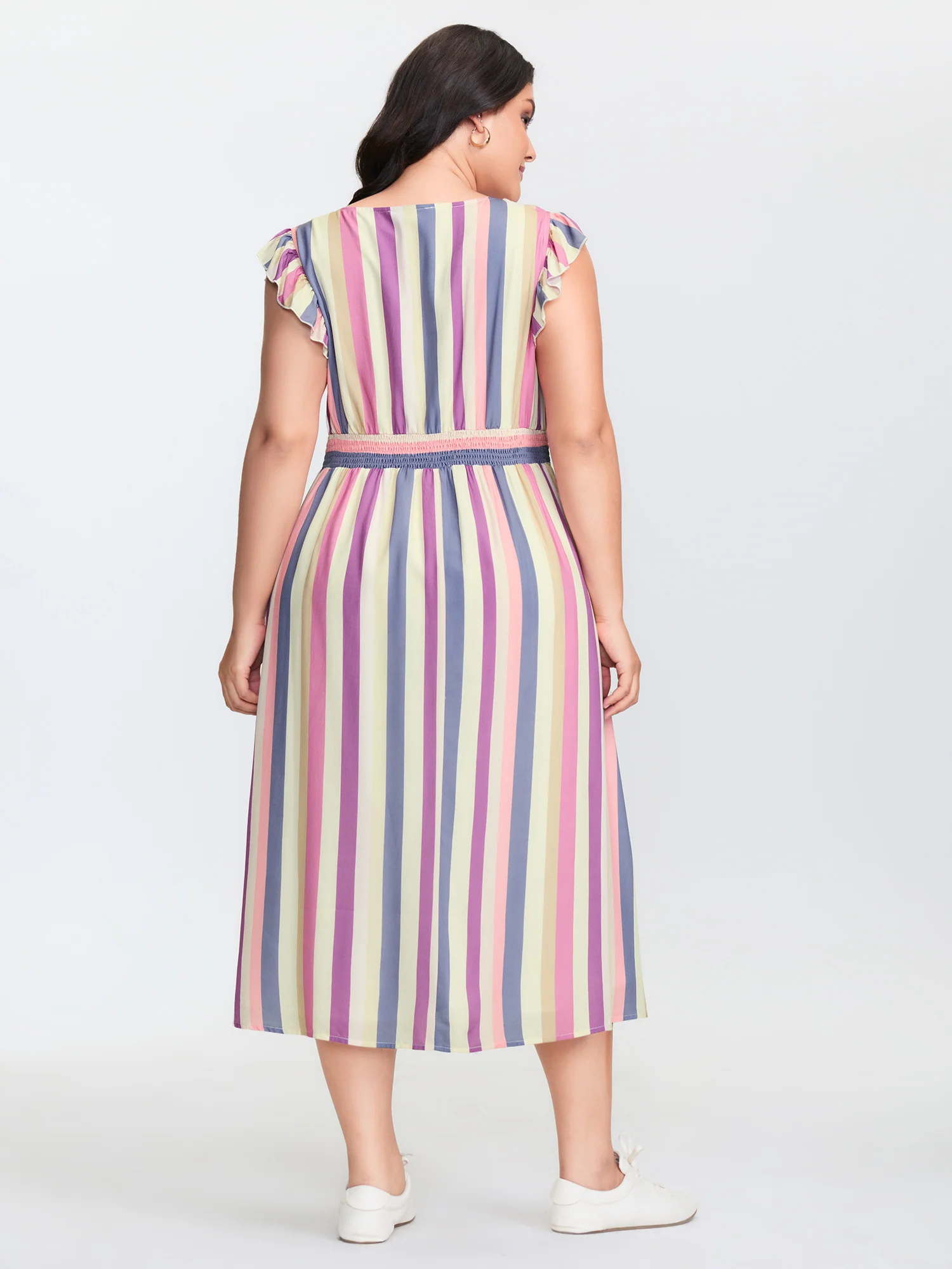 Striped Babydoll Flutter Sleeve Midi Dress - Image 4