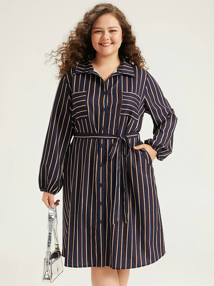 Striped Belted Lantern Sleeve Button Through Dress - Image 2