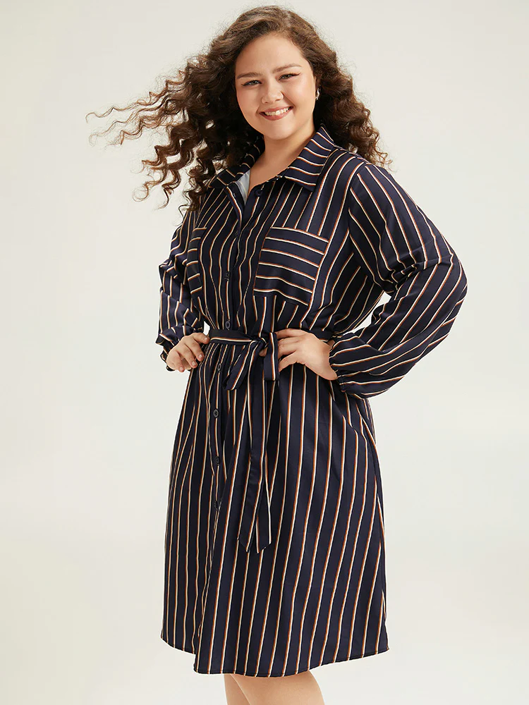 Striped Belted Lantern Sleeve Button Through Dress - Image 3
