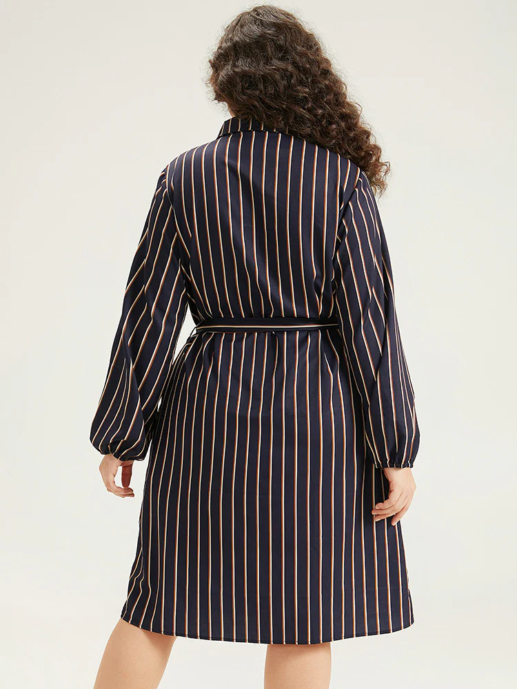Striped Belted Lantern Sleeve Button Through Dress - Image 4