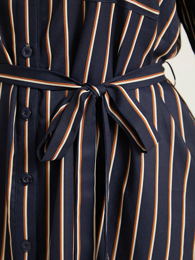 Striped Belted Lantern Sleeve Button Through Dress - Image 5
