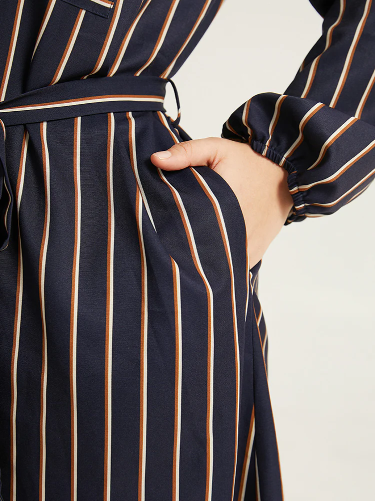 Striped Belted Lantern Sleeve Button Through Dress - Image 6