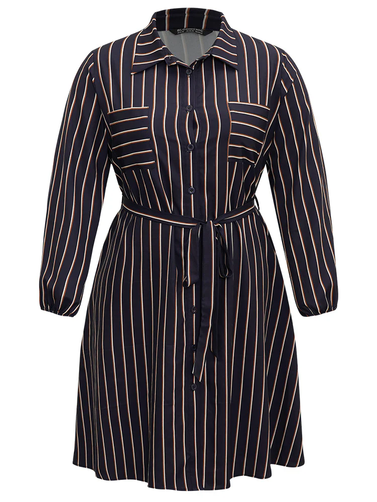 Striped Belted Lantern Sleeve Button Through Dress - Image 7