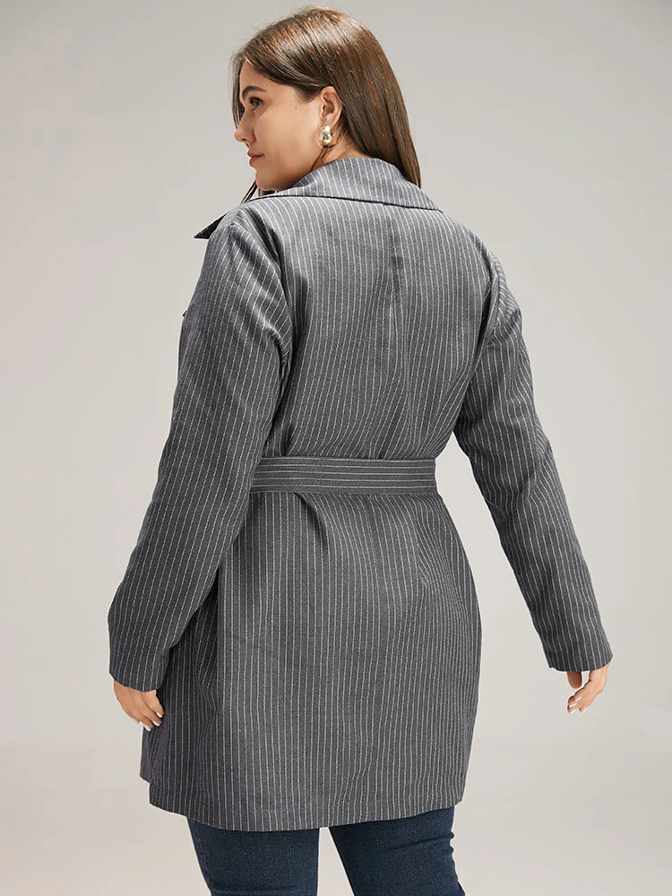 Striped Belted Lapel Collar Tunic Coat - Image 2