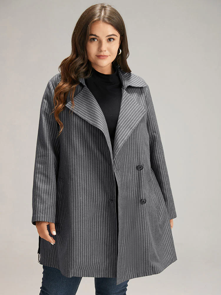 Striped Belted Lapel Collar Tunic Coat - Image 3
